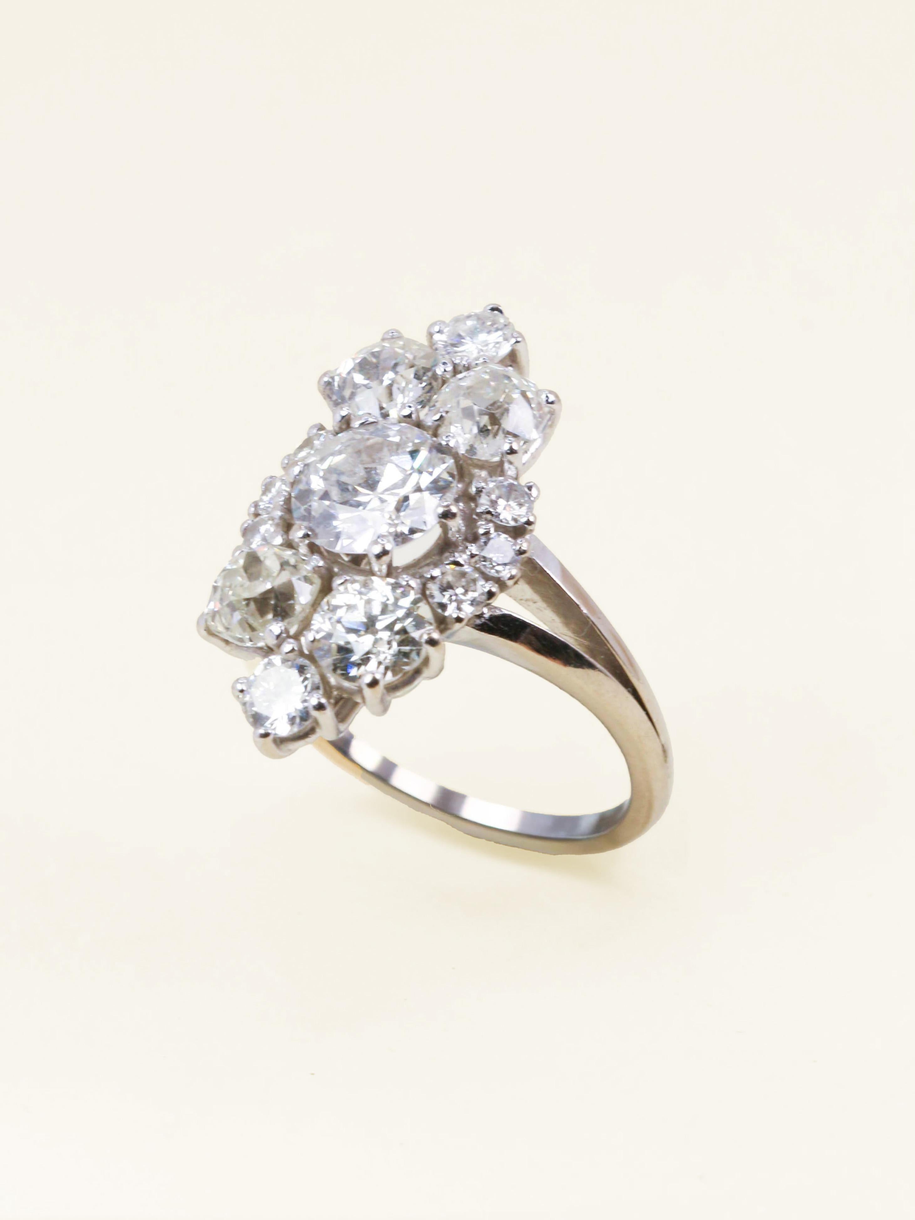 Bague marquise or blanc diamants taille ancienne 3,75 carats