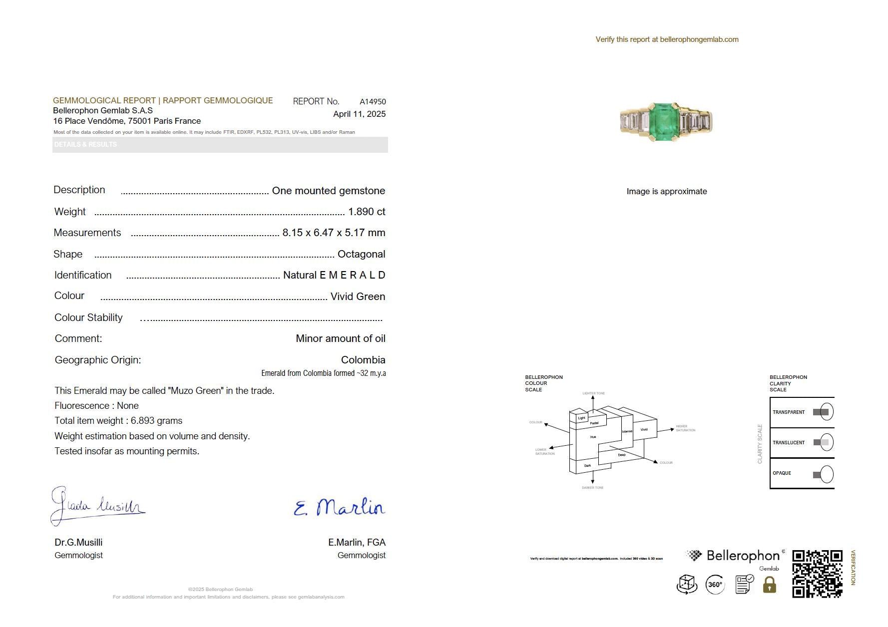 Bague Art Deco or jaune diamants emeraude colombienne Muzo 1,9 carat