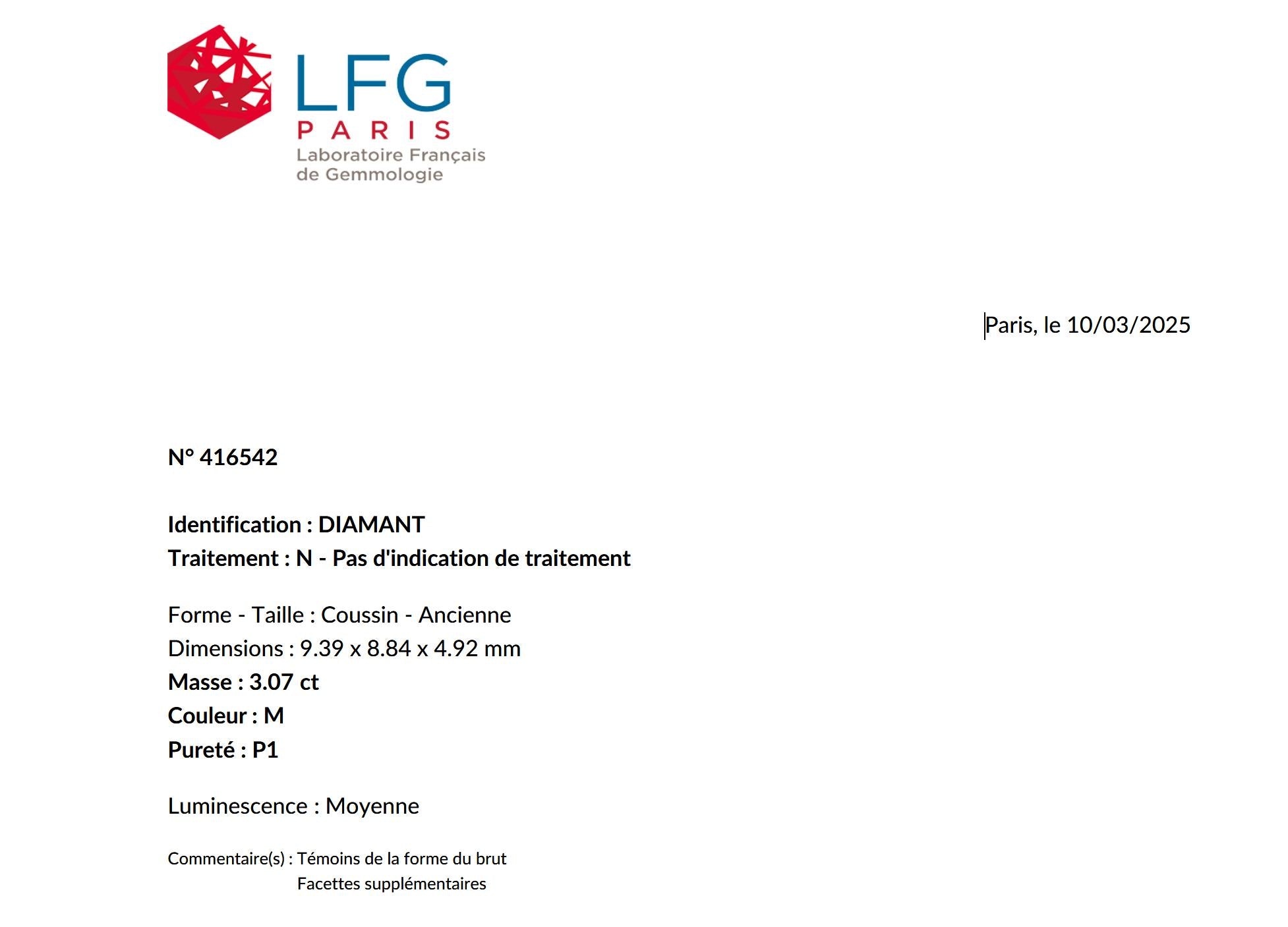 Bague solitaire diamant taille ancienne Old Mine Cut 3,07 carats