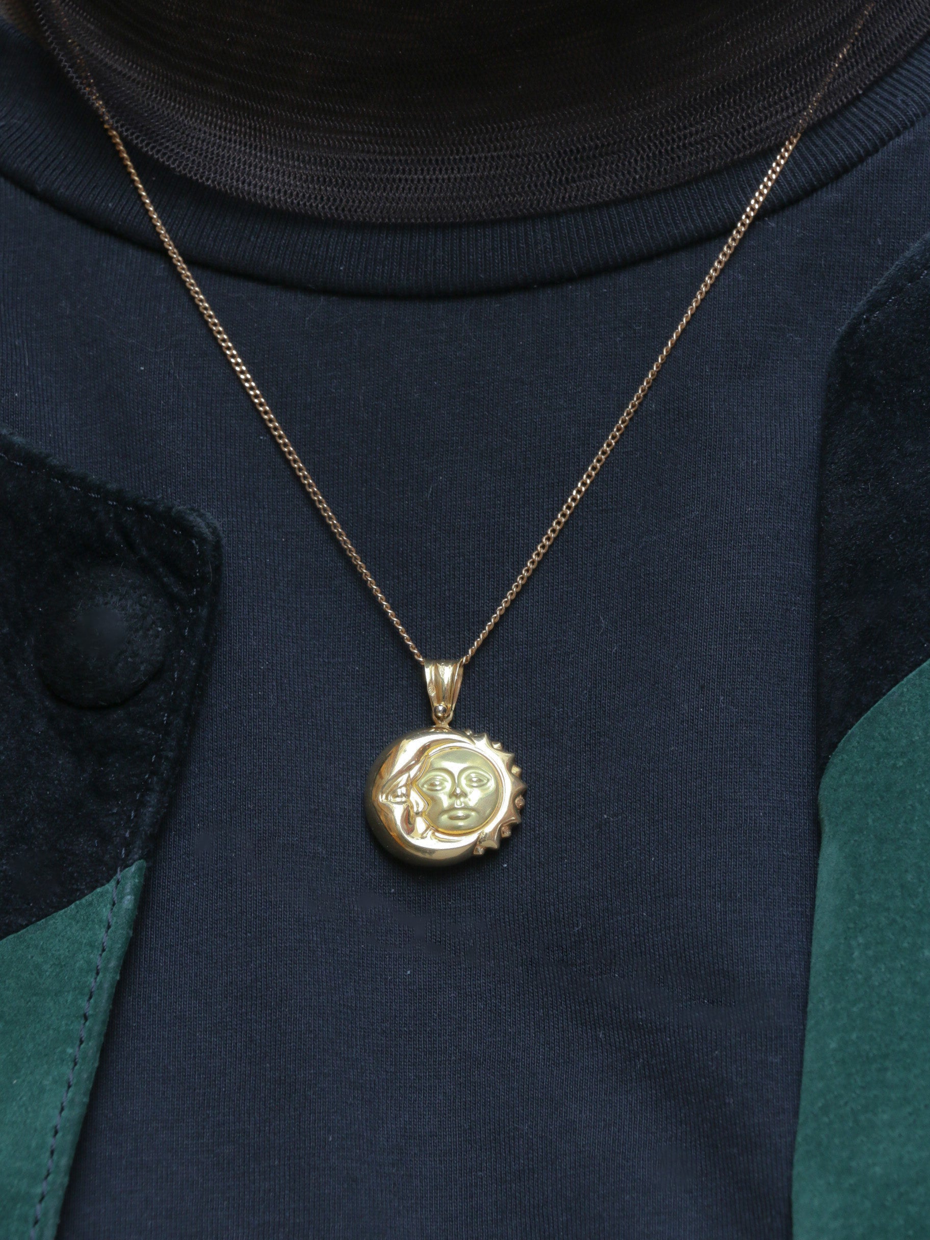 Pendentif vintage astral Lune et Soleil en or jaune