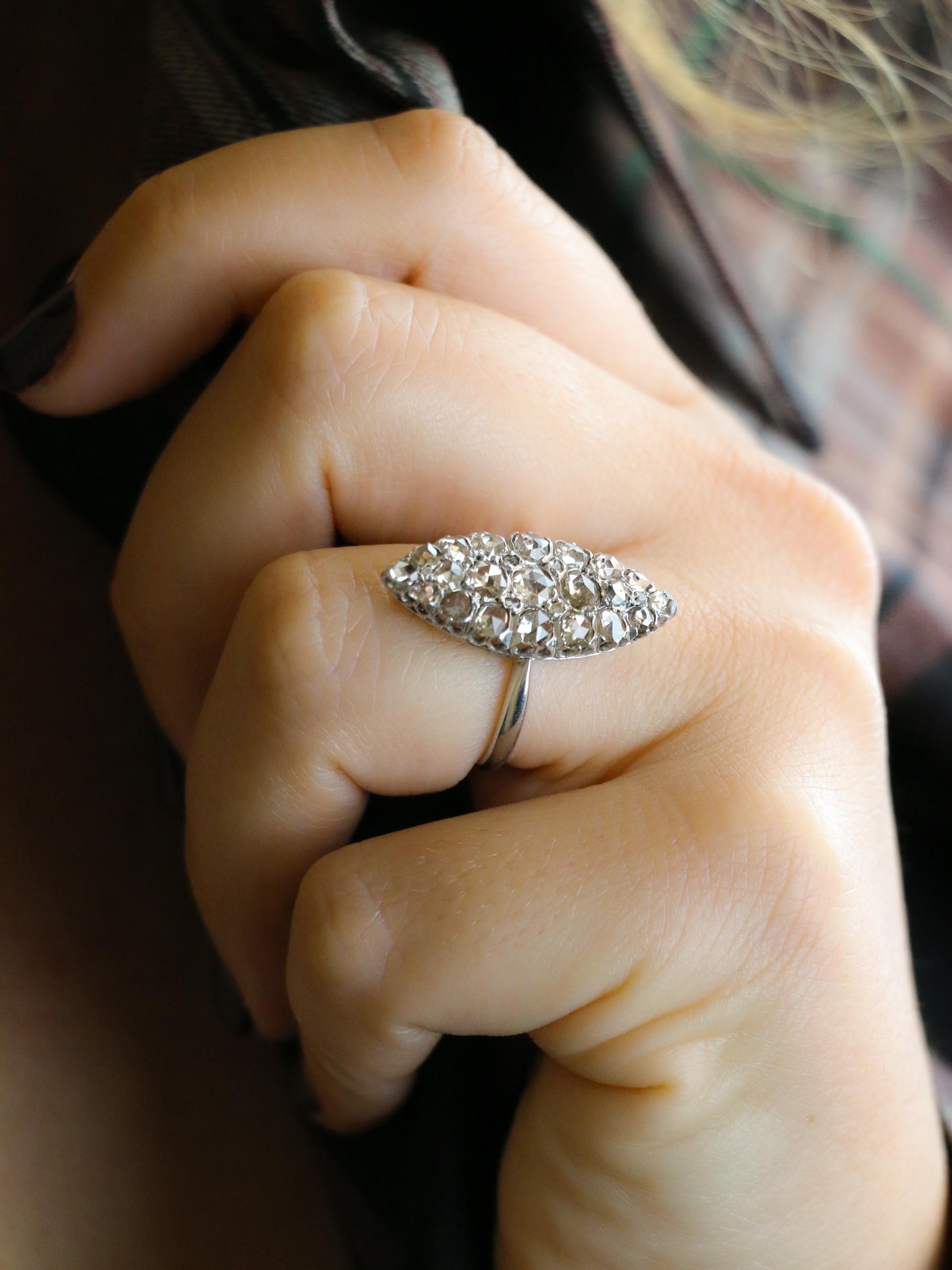 Bague marquise or blanc diamants taille rose
