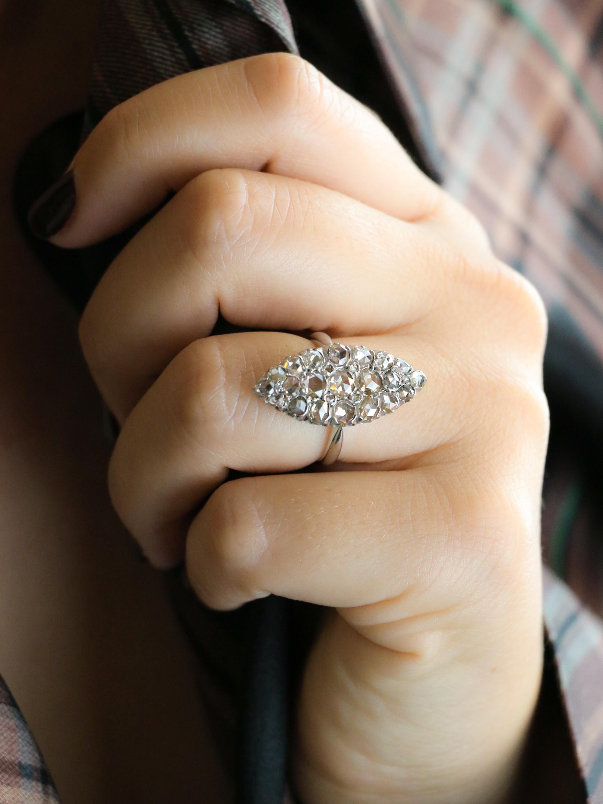 Bague marquise or blanc diamants taille rose
