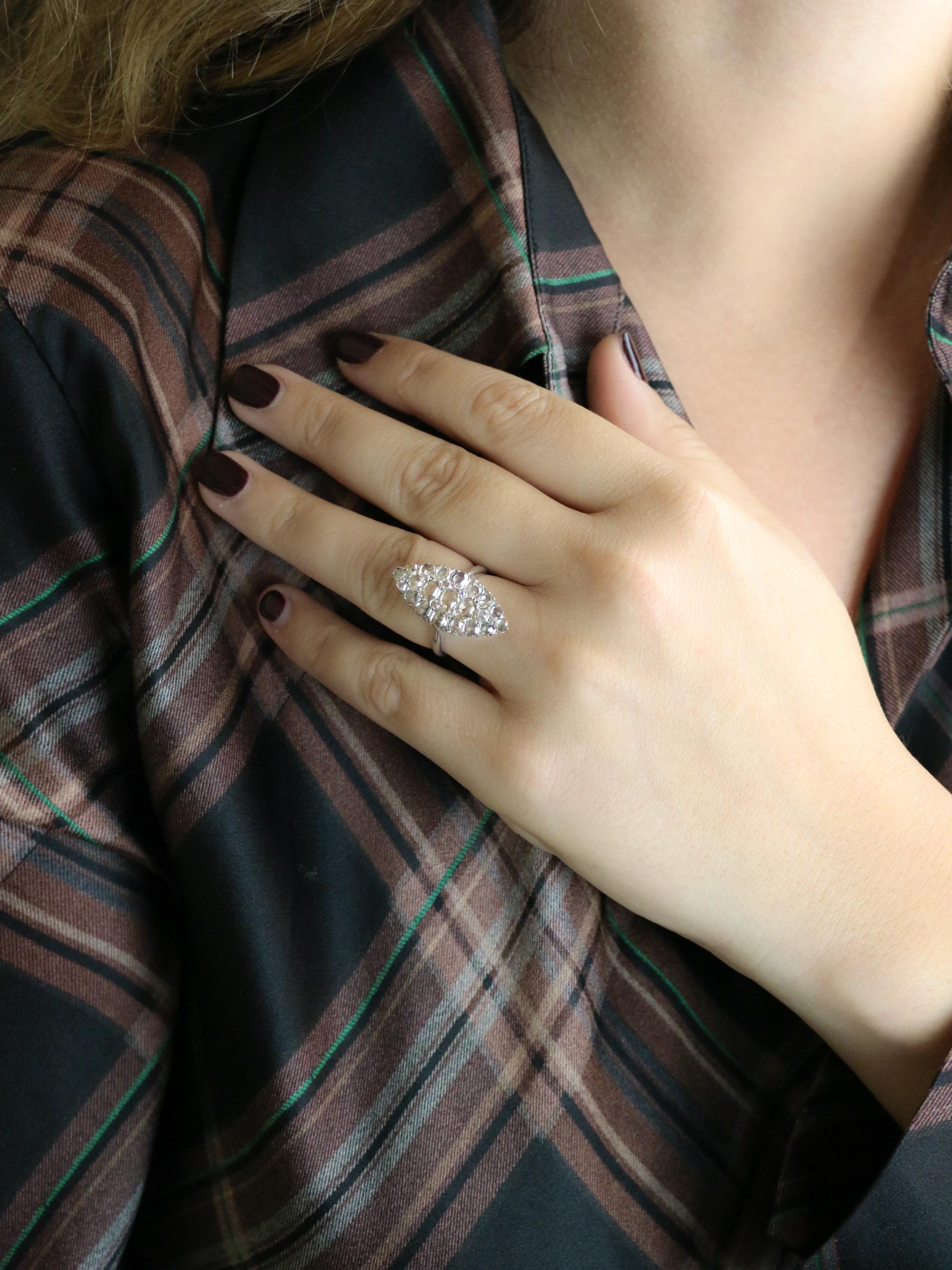 Bague marquise or blanc diamants taille rose