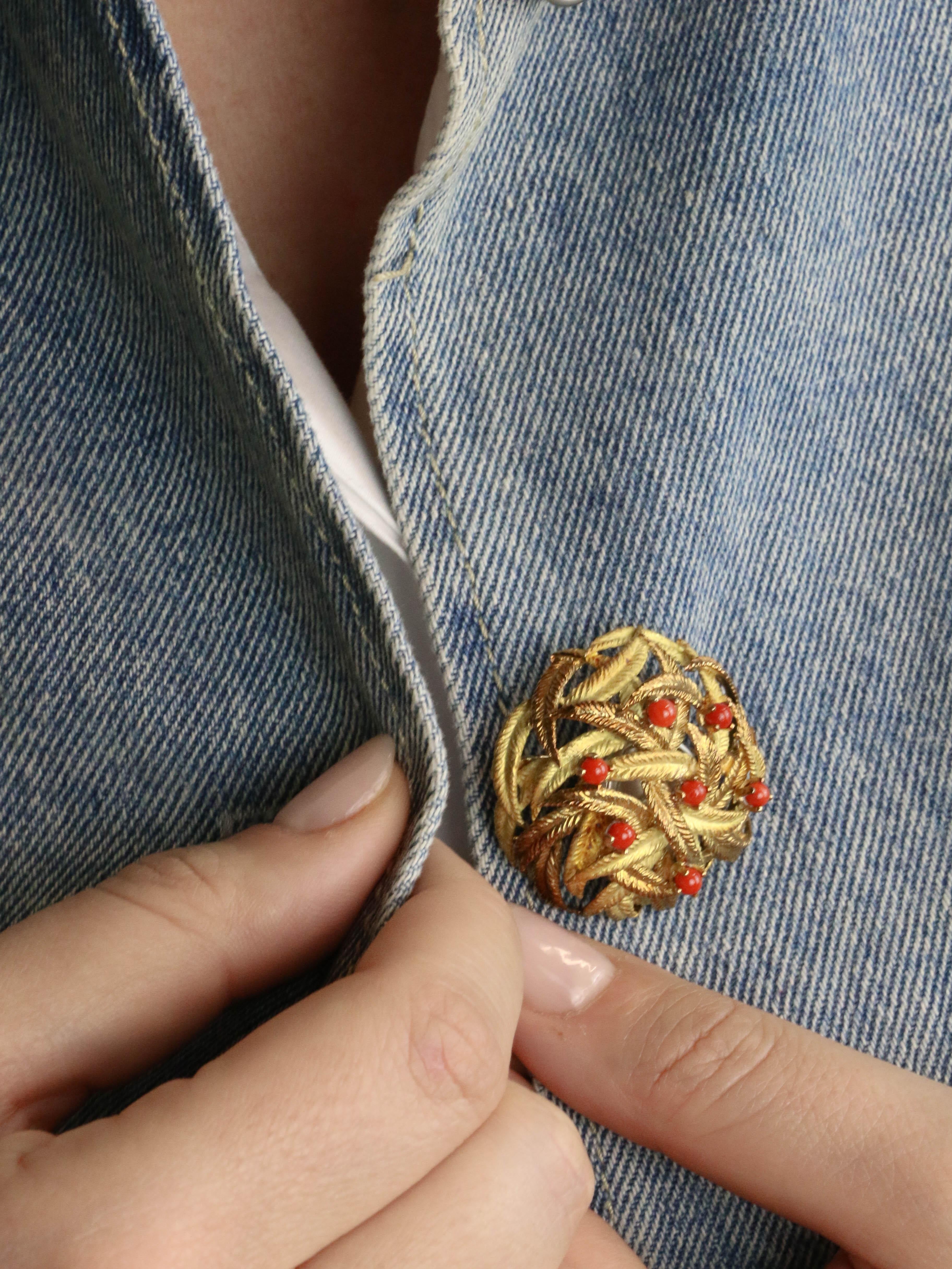 Broche feuillle or jaune corail