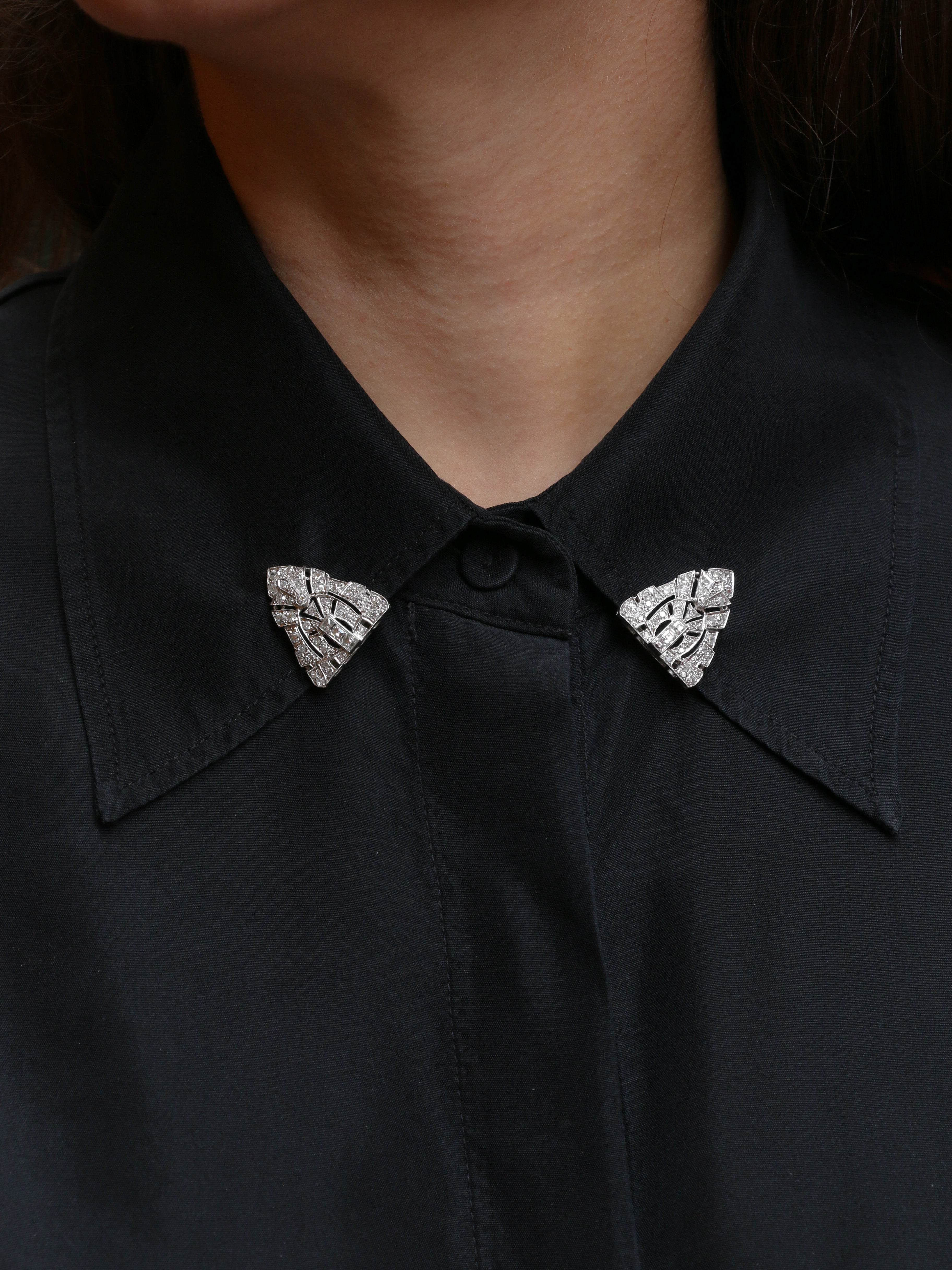 Broche ancienne double-clip or platine diamants