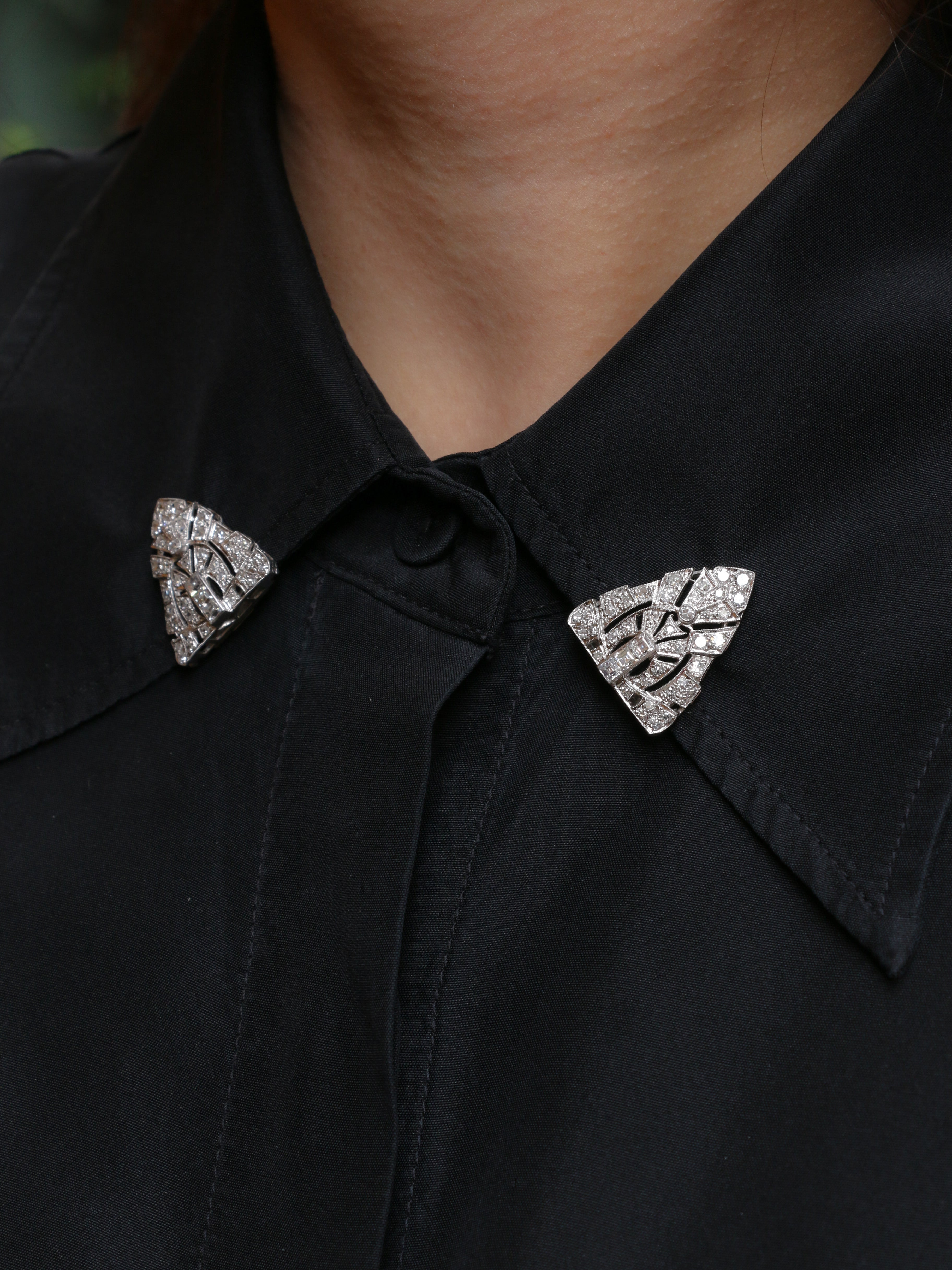 Broche ancienne double-clip or platine diamants