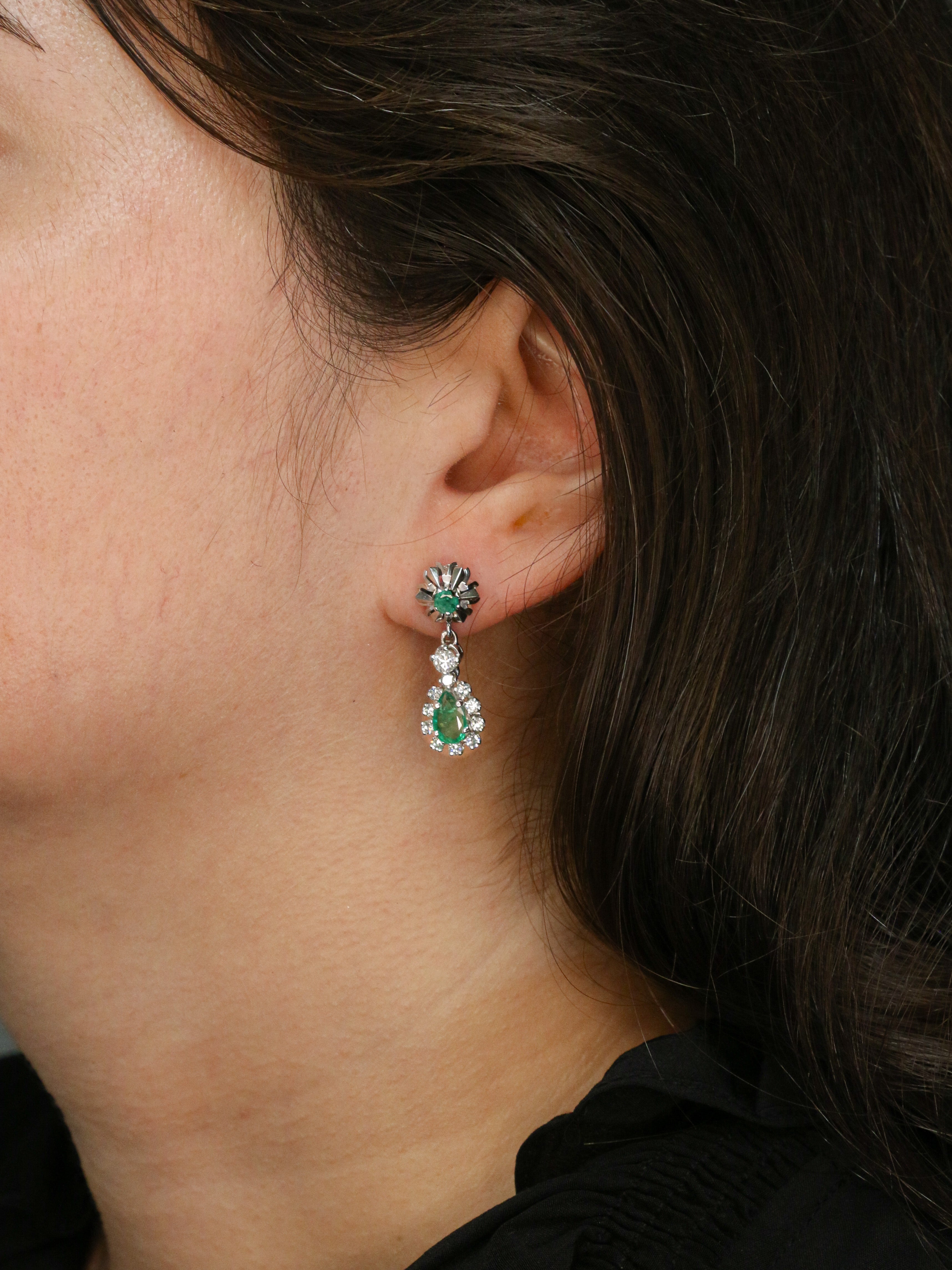 Boucles d'oreilles vintage diamants émeraudes