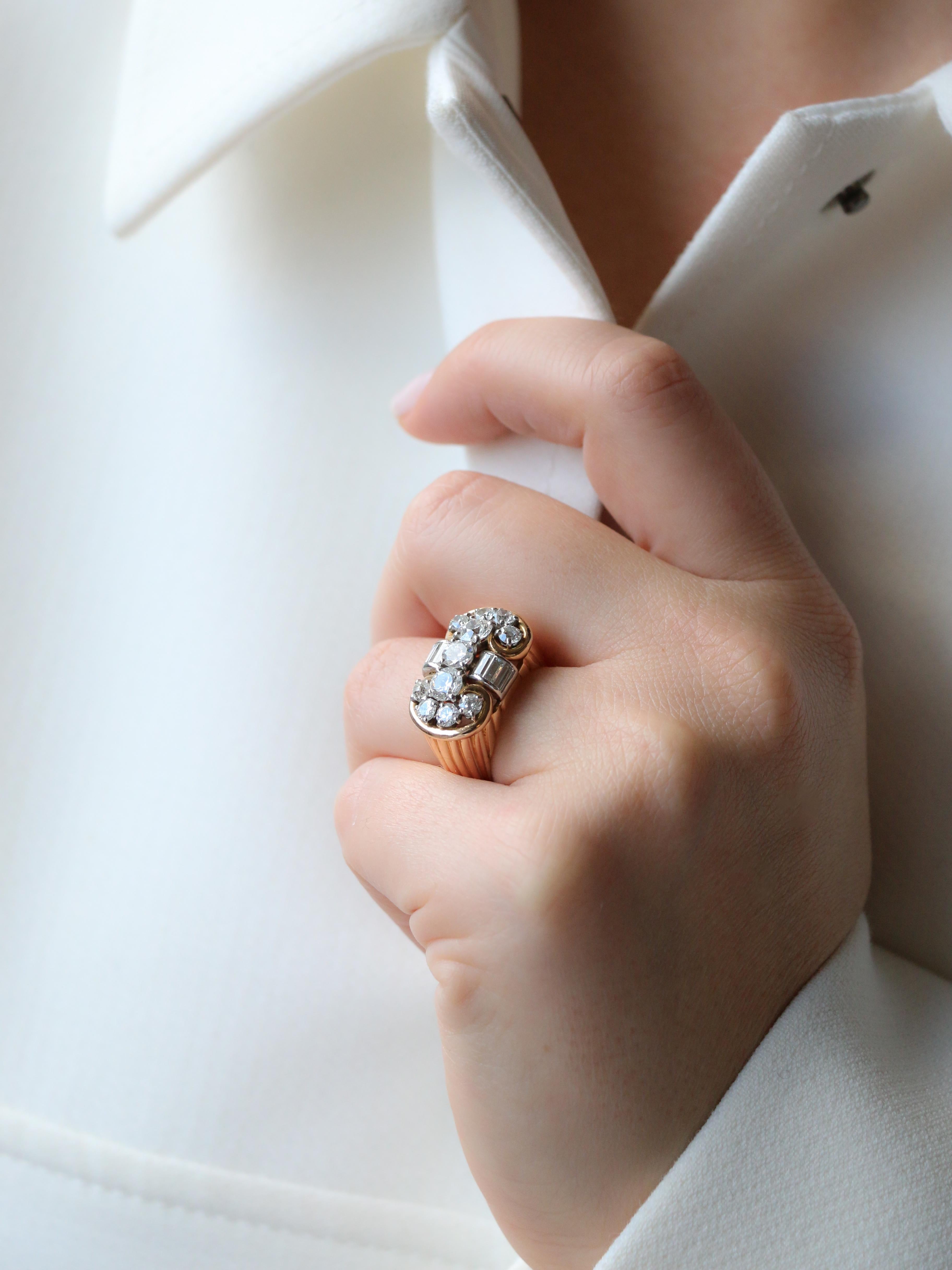 Bague godrons vintage or jaune diamants