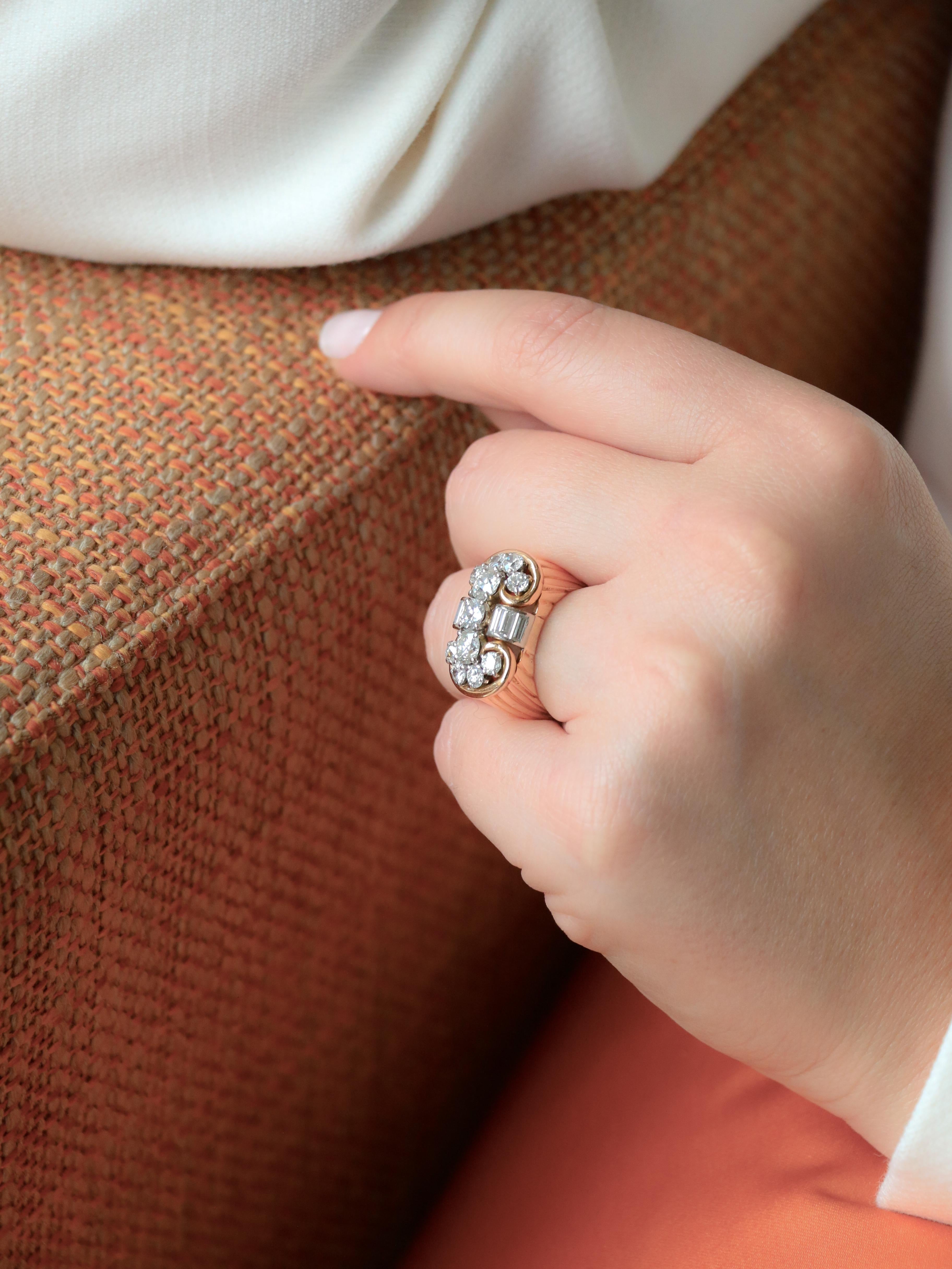 Bague godrons vintage or jaune diamants