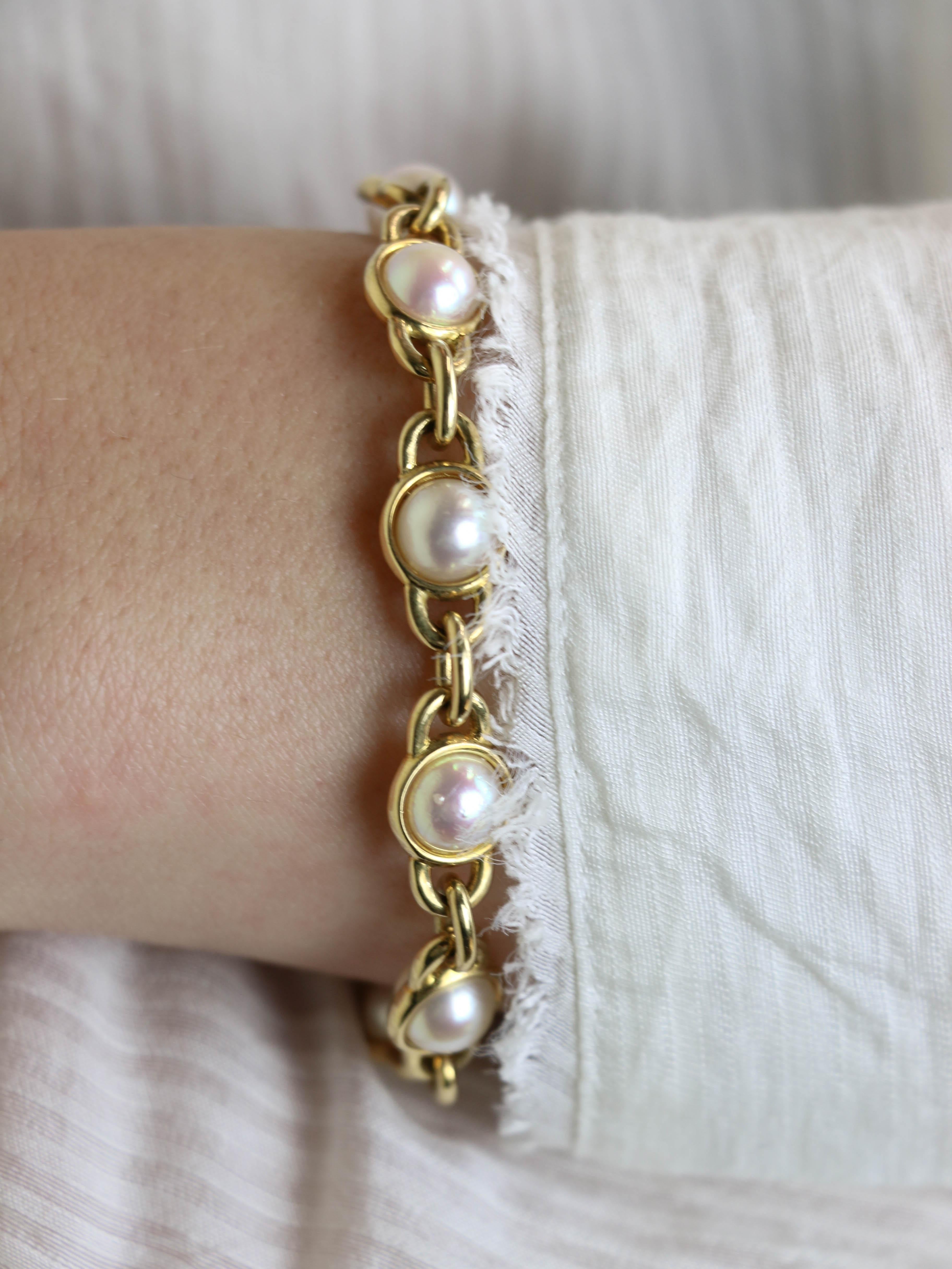 Bracelet chaîne vintage or jaune perles Akoya