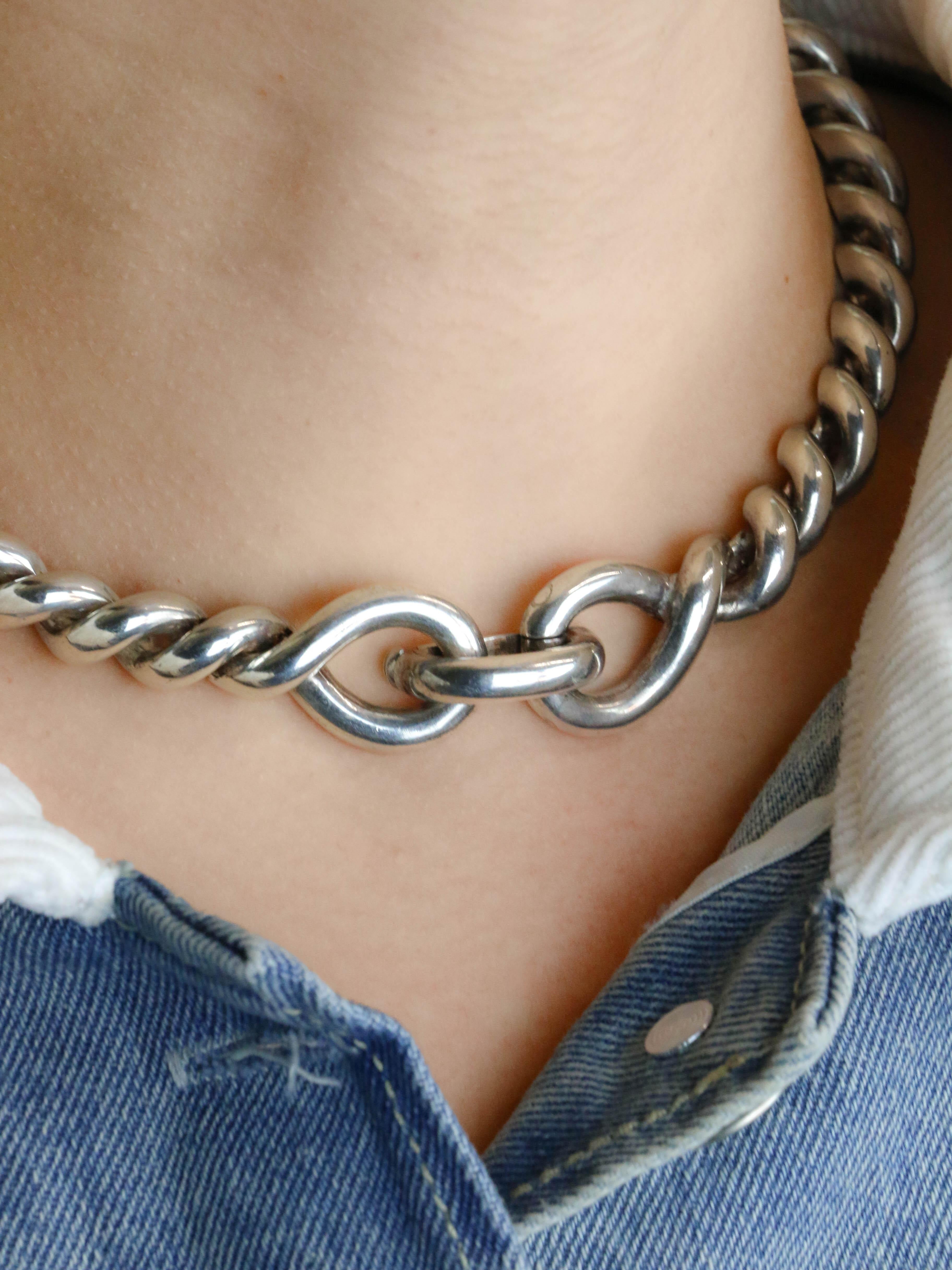 HERMES Collier vintage Torsade argent