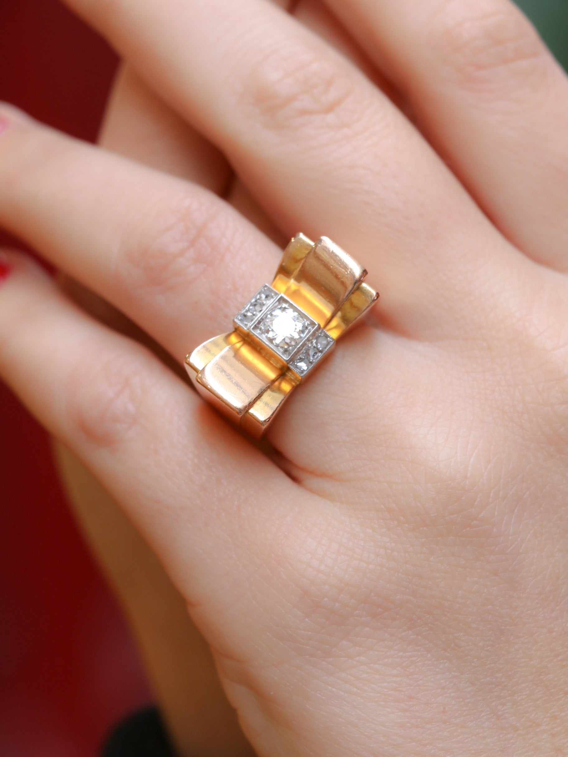 Bague tank en or, platine et diamant taille ancienne 0,55 ct