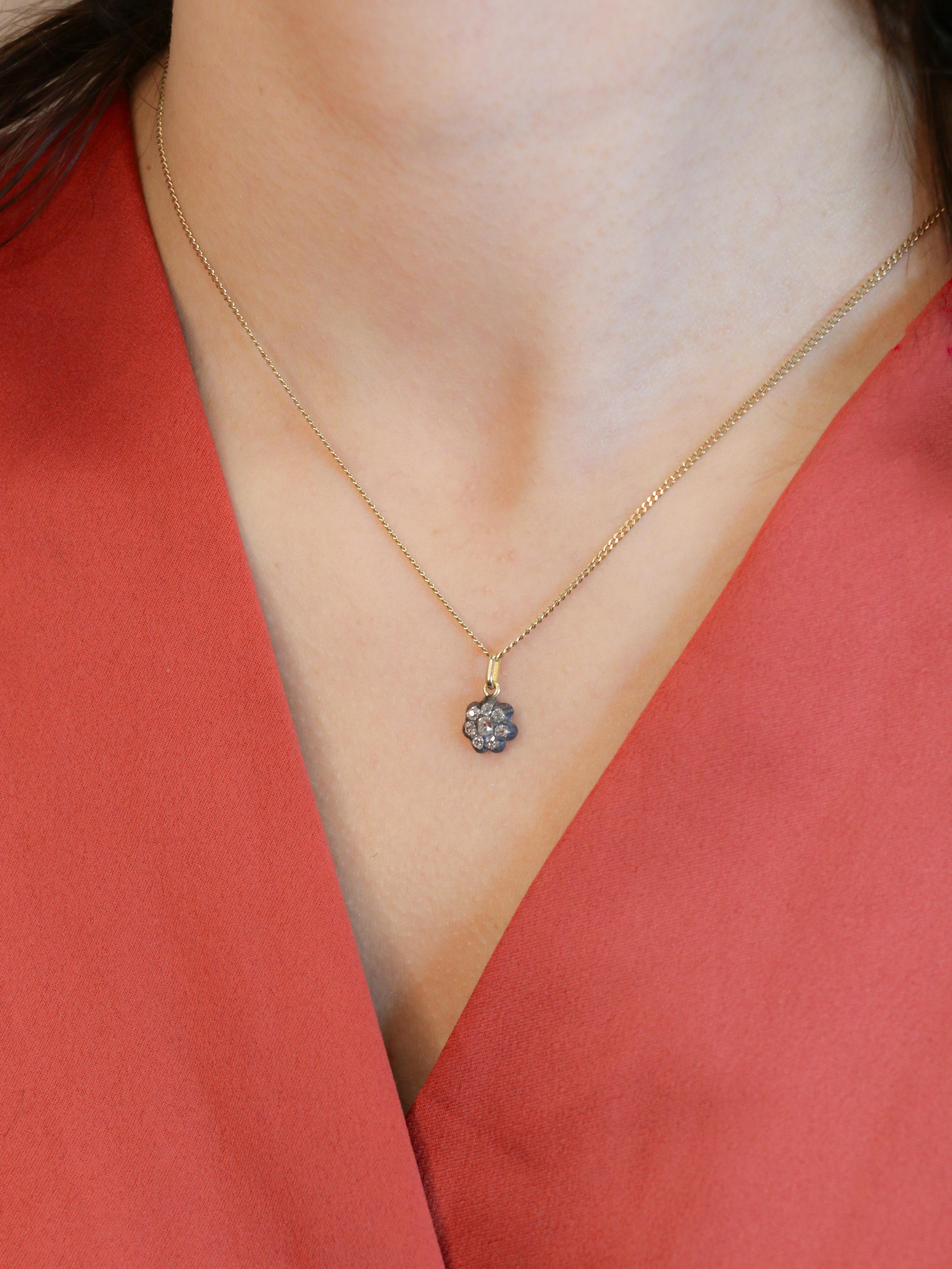 Pendentif fleur Napoleon III or argent diamants taille ancienne