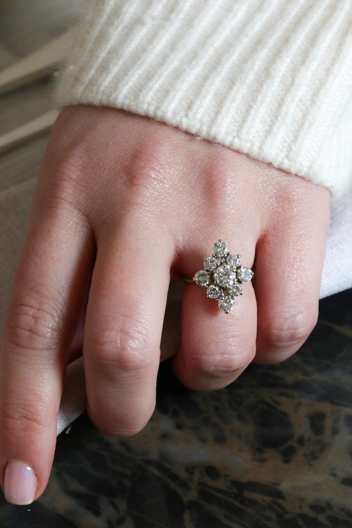 Bague marquise vintage or blanc diamants