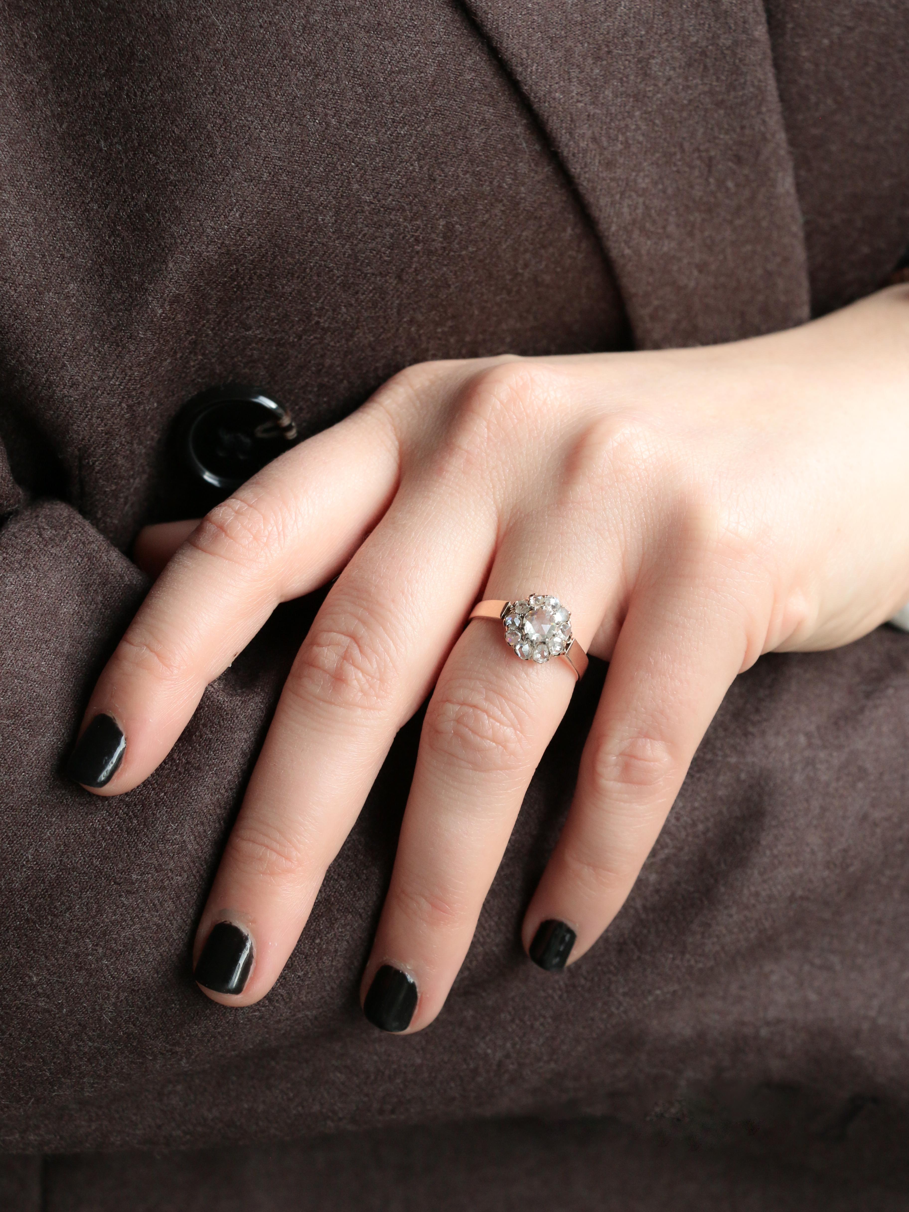 Bague marguerite or rose diamants taille rose 0.7 carat