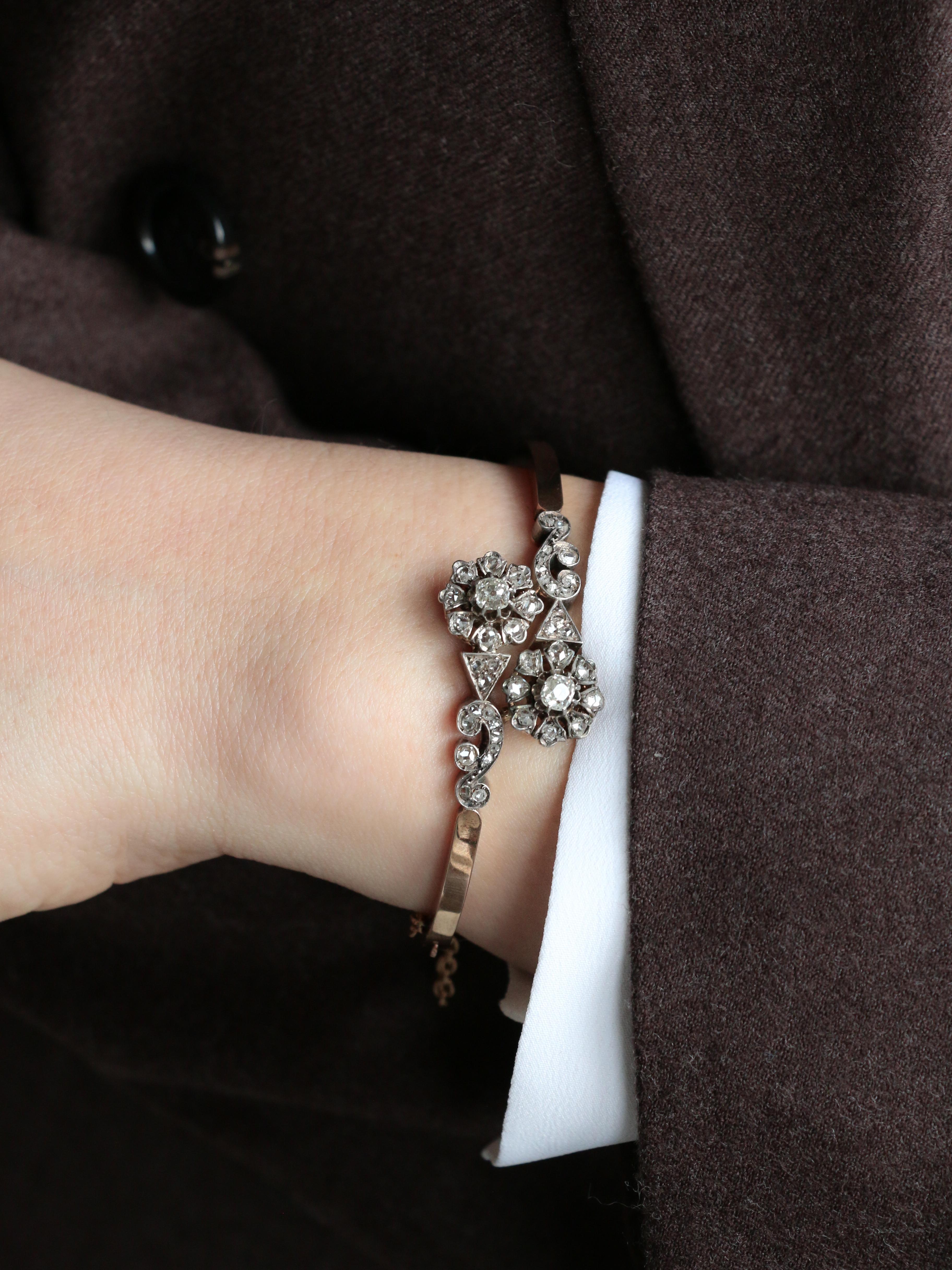 Bracelet jonc Napoléon III or rose diamants taille rose