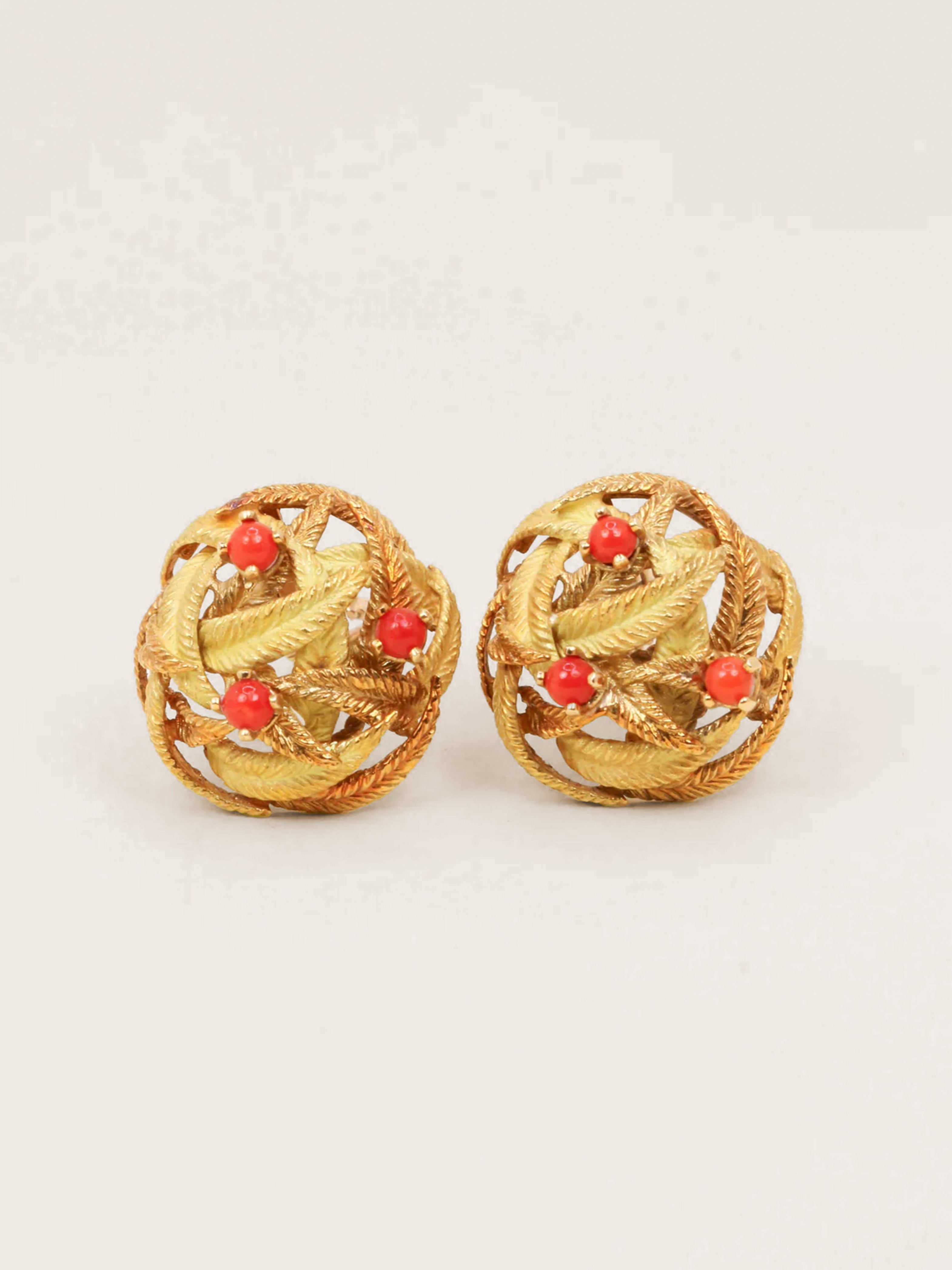 Clips d'oreilles vintage feuille or jaune corail