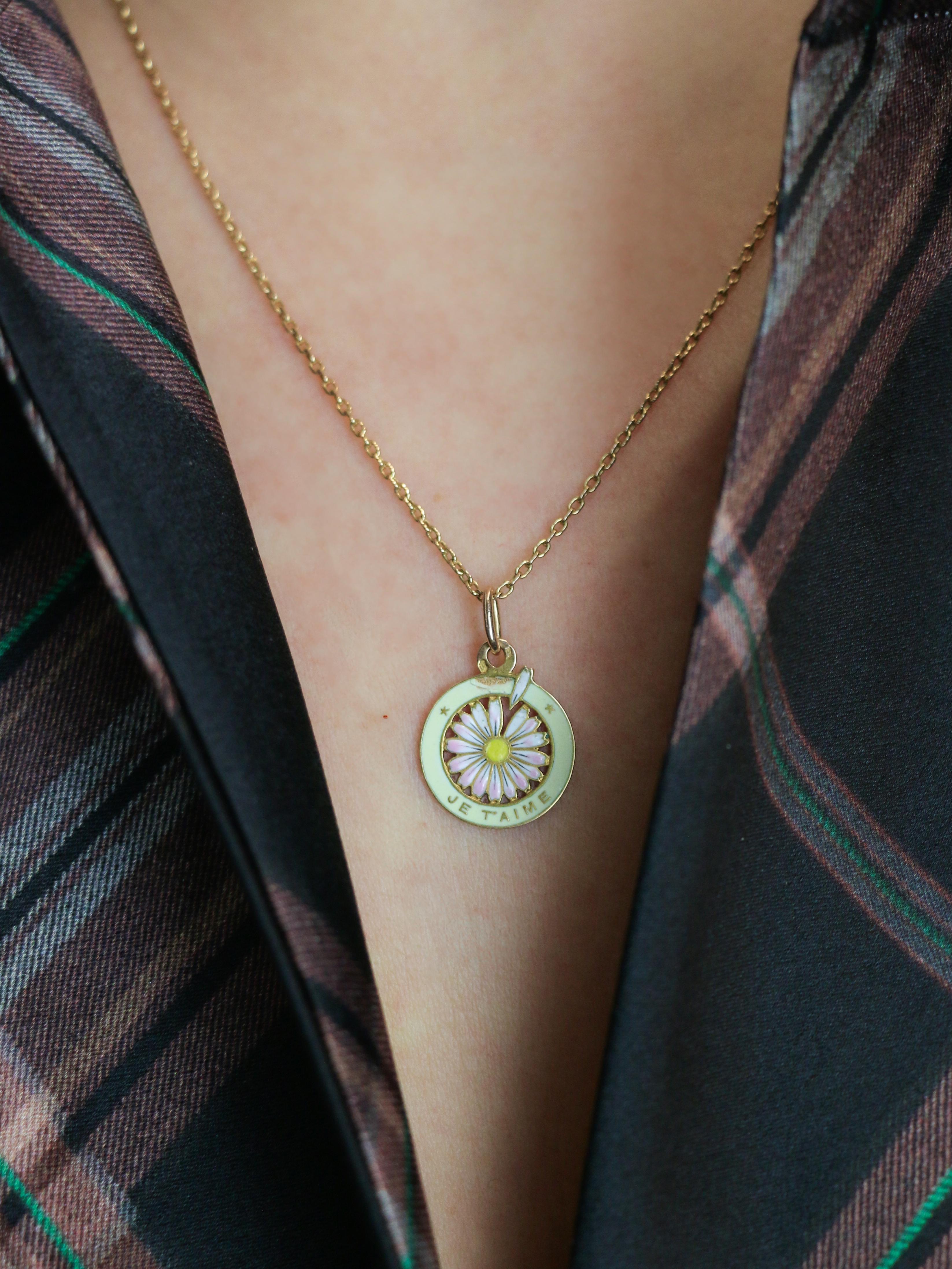 Medaille vintage Je t’aime or jaune émail