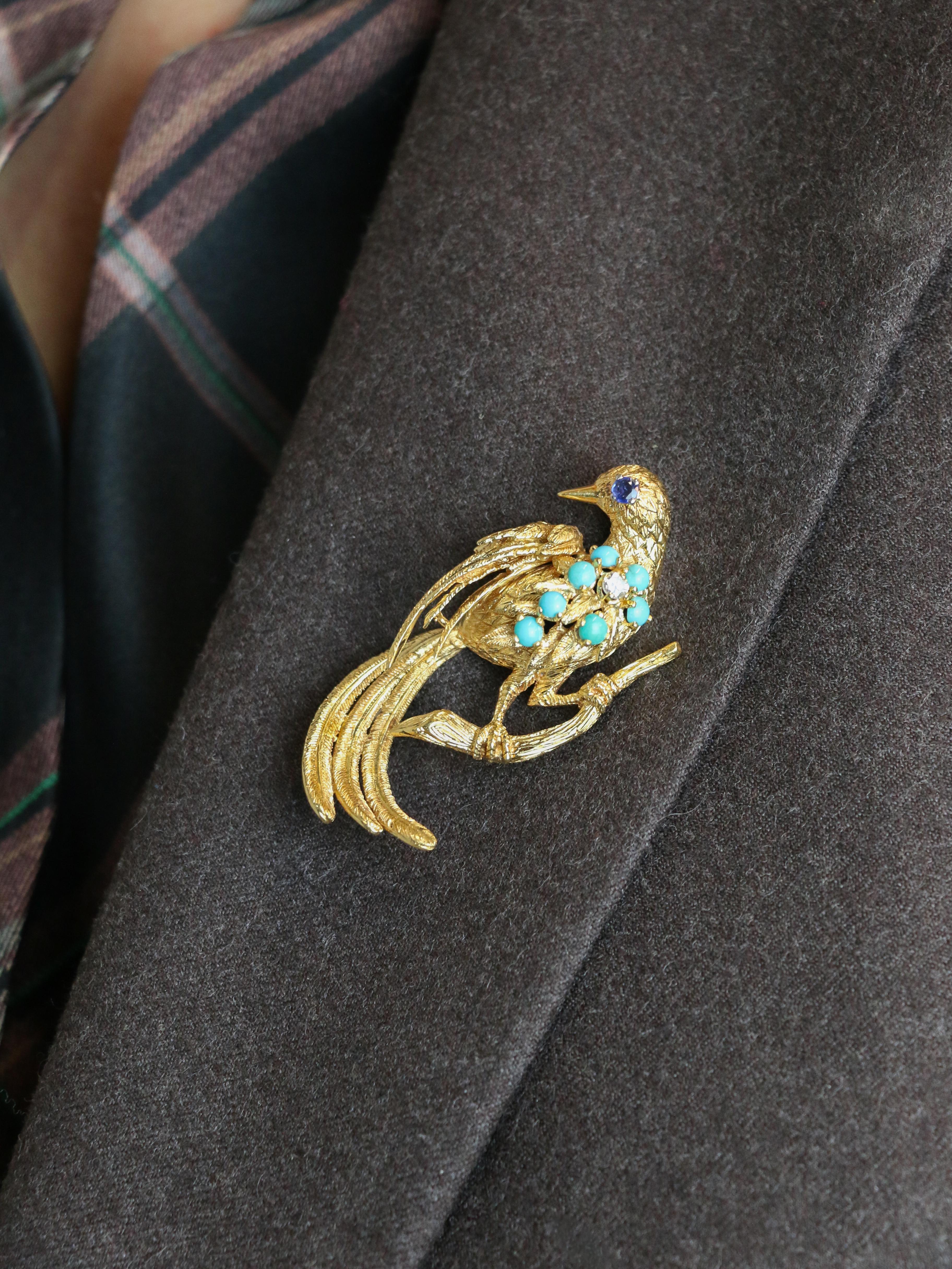 Broche oiseau vintage or jaune saphir turquoise diamant