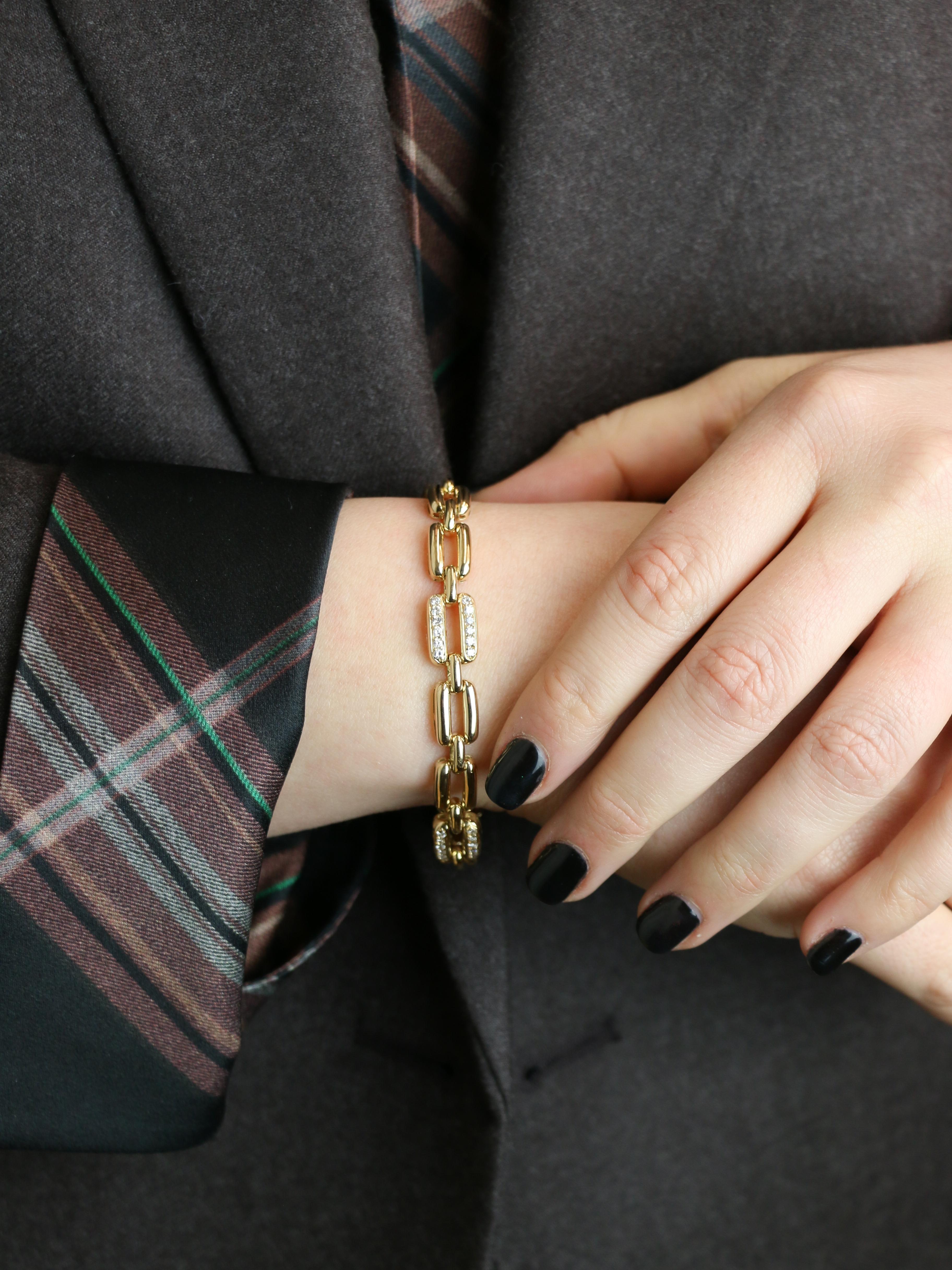 Bracelet vintage maille rectangle or jaune diamants
