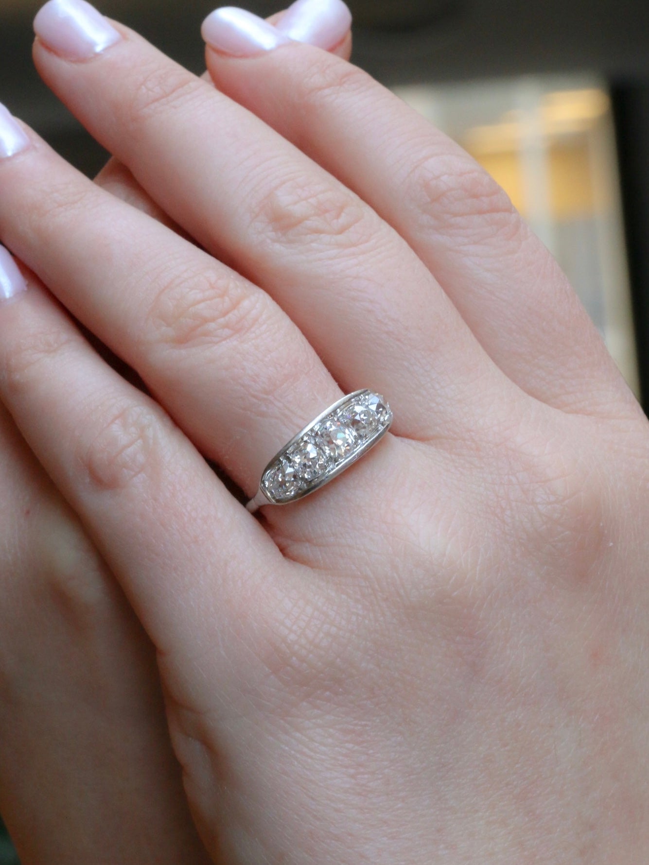 Bague jarretière Belle Epoque platine diamants taille ancienne