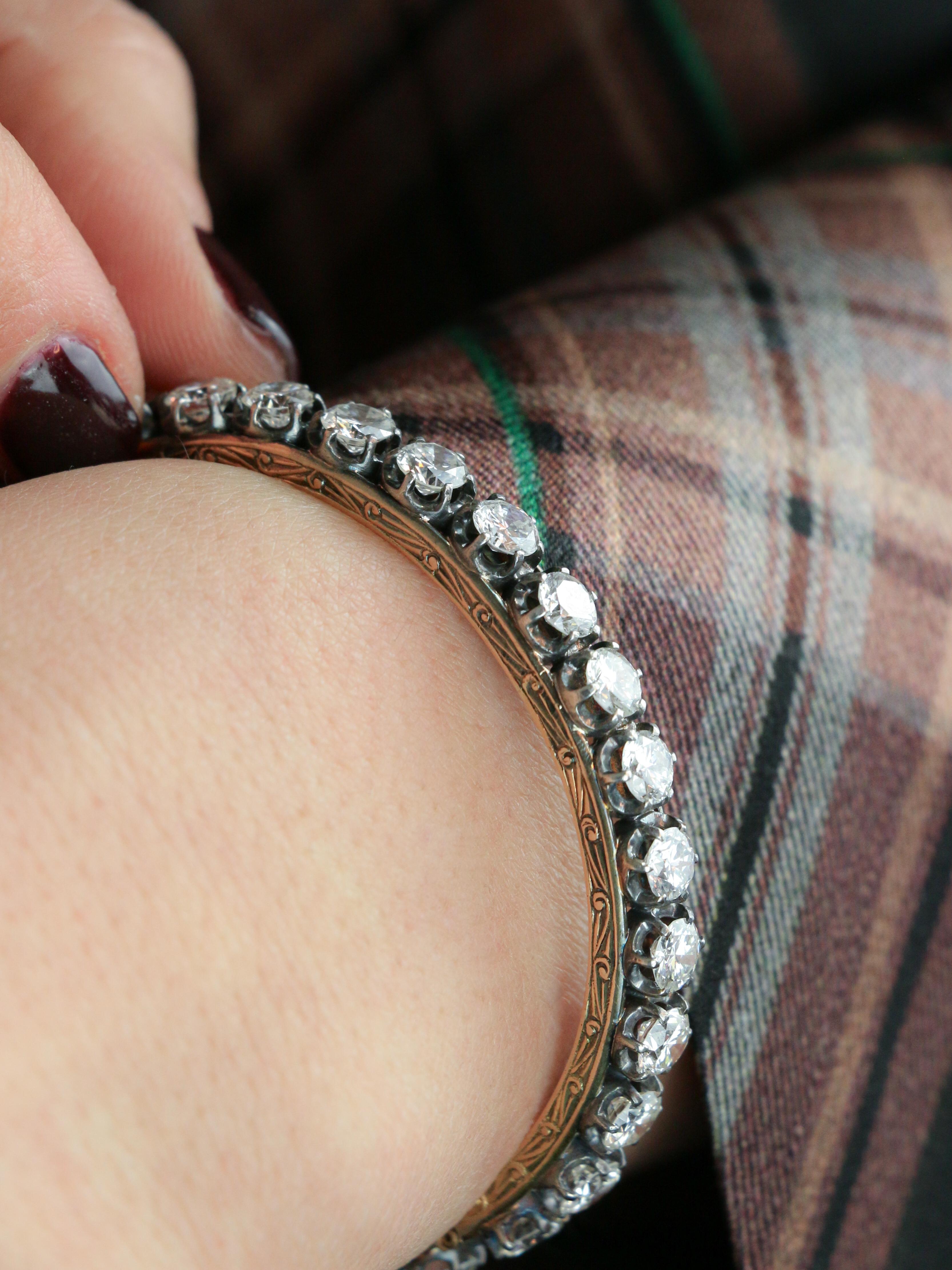 Bracelet jonc vintage or argent diamants 12 ct