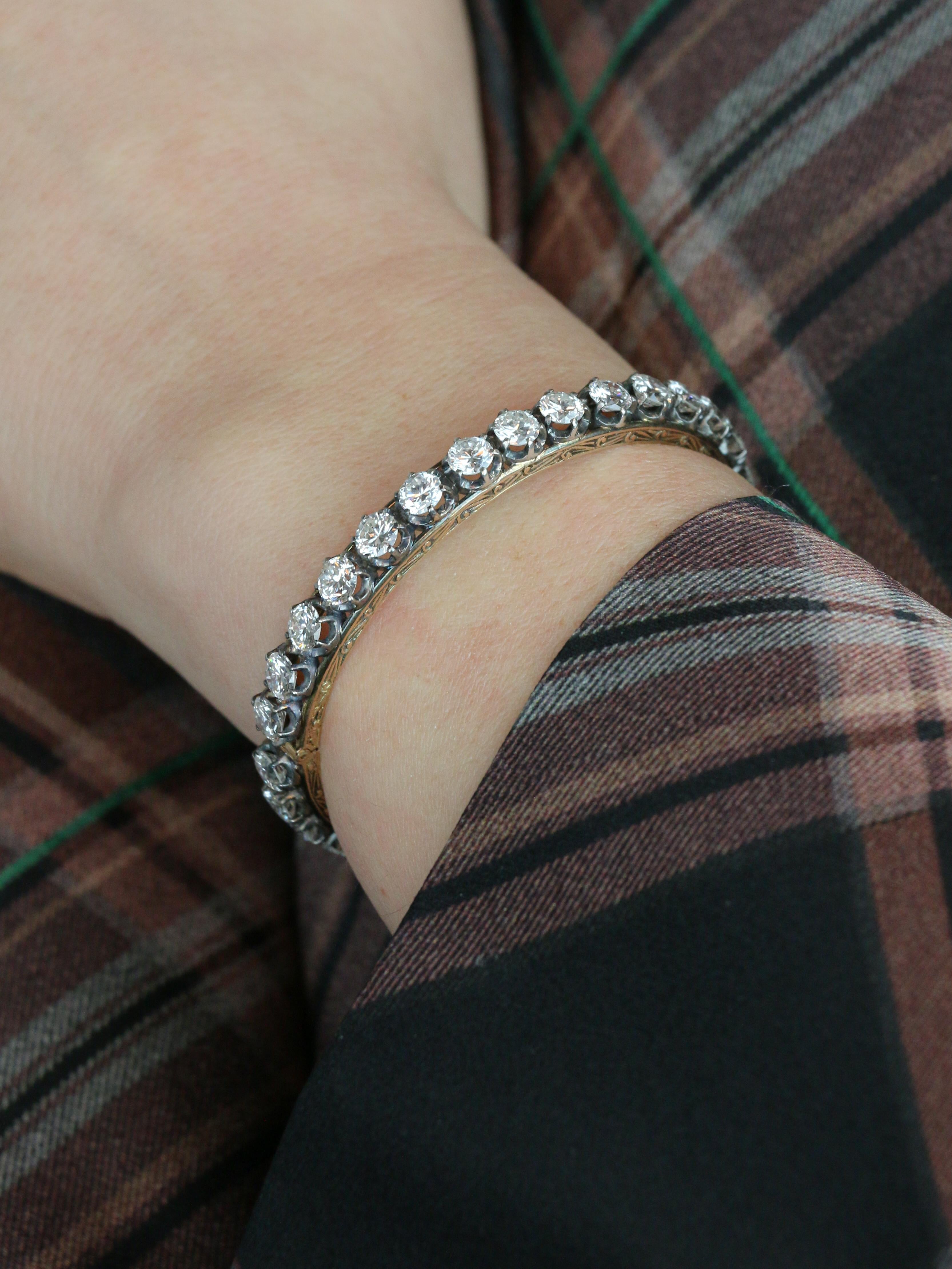 Bracelet jonc vintage or argent diamants 12 ct