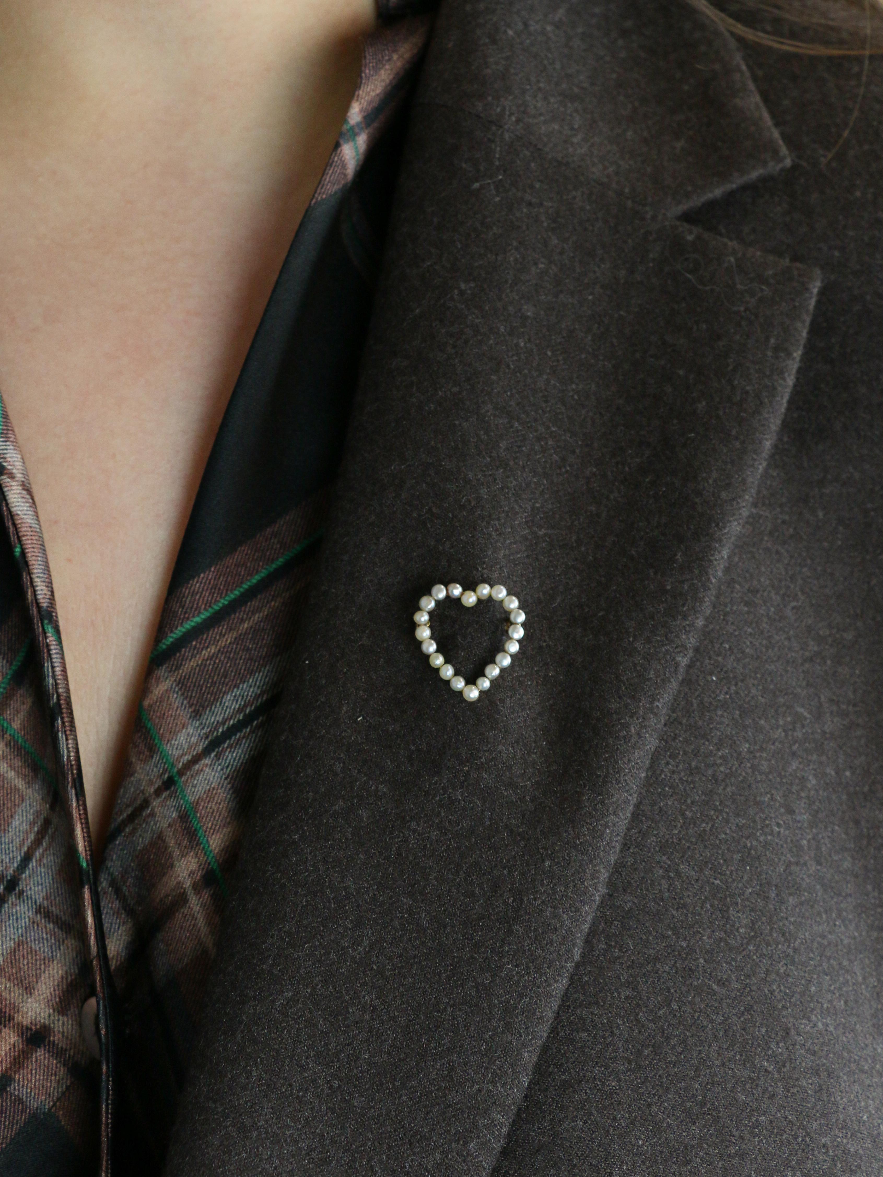Broche ancienne coeur perles fines or jaune