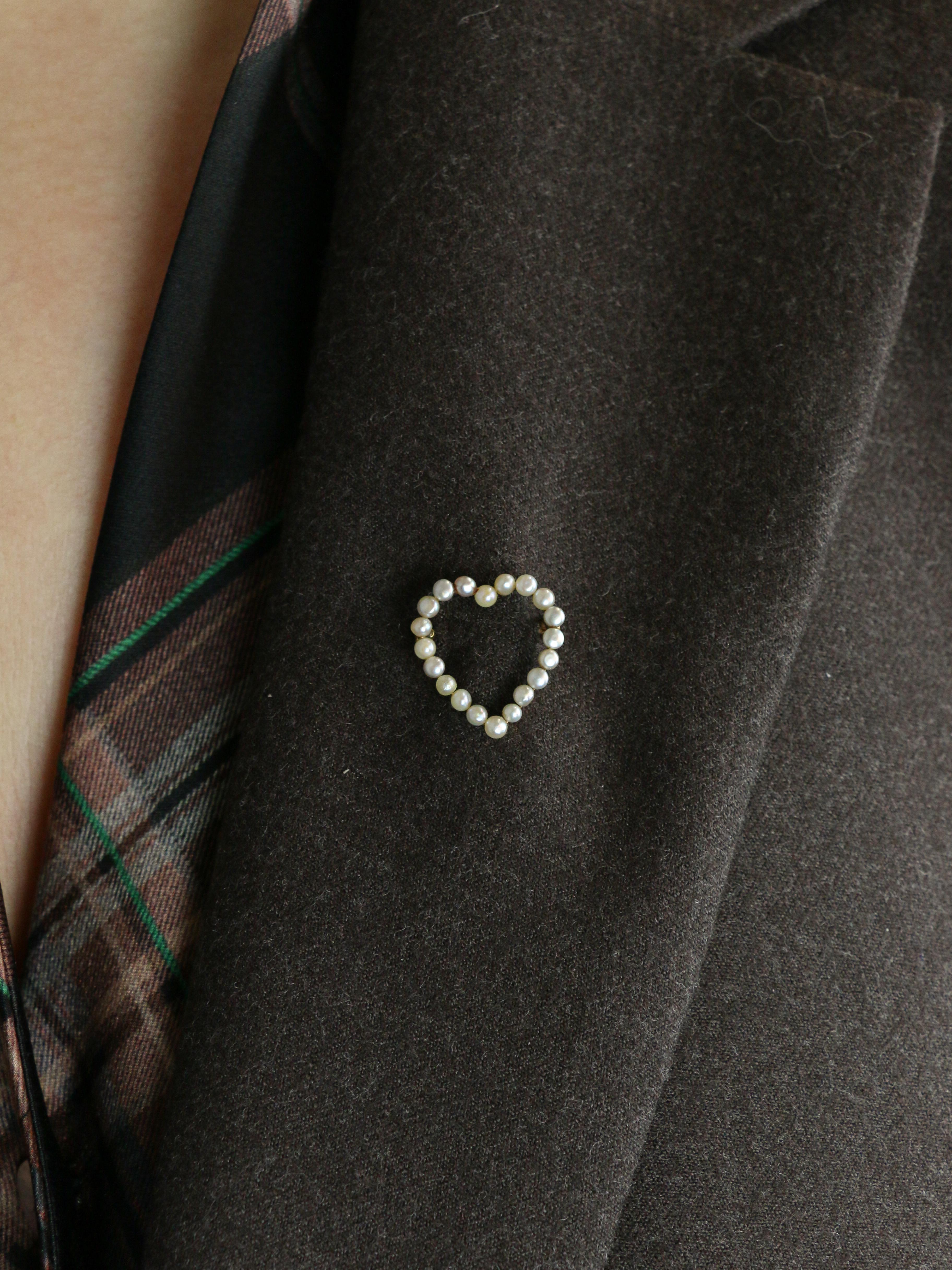 Broche ancienne coeur perles fines or jaune