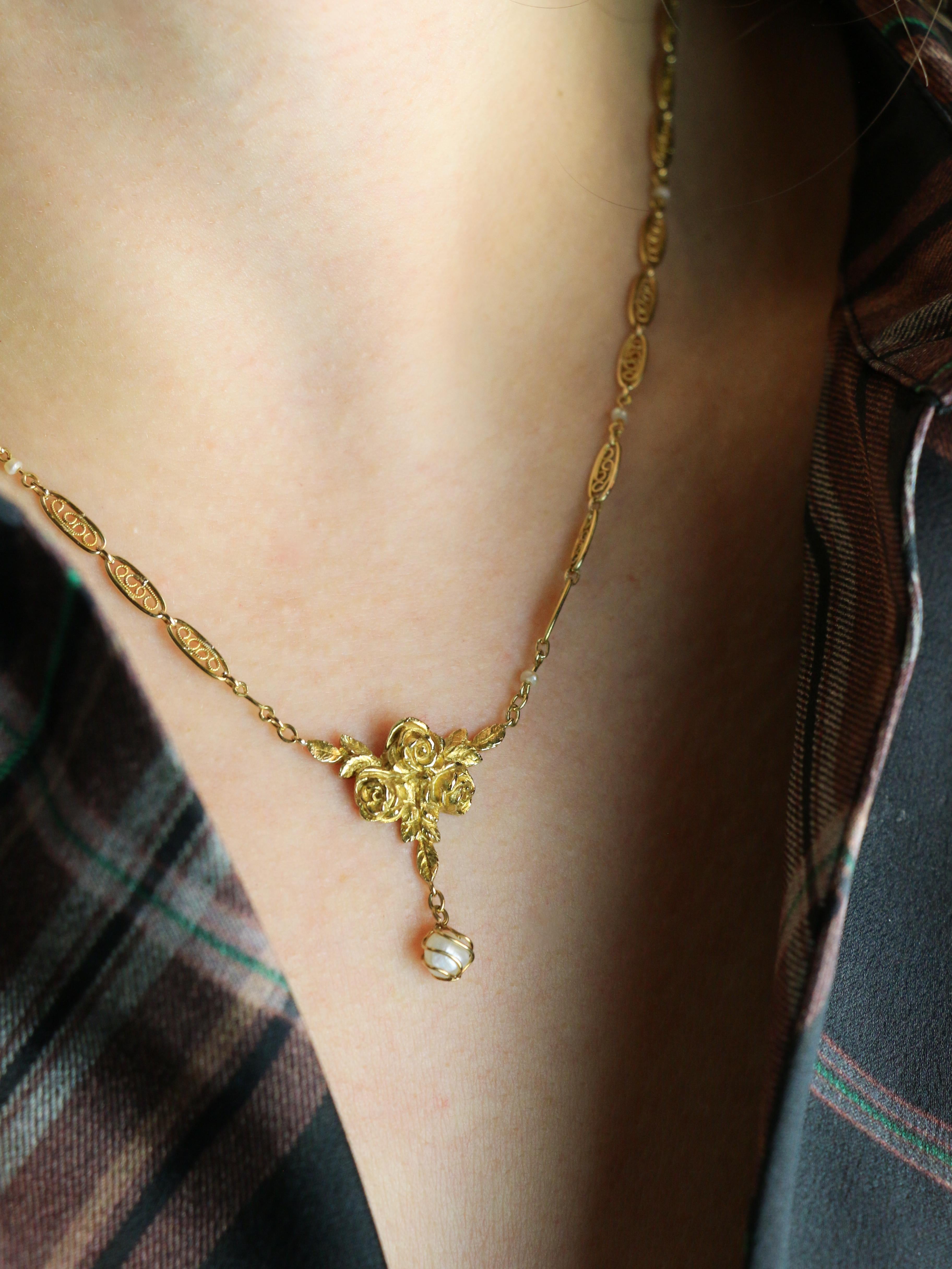 Collier Art Nouveau maille filigrane or jaune perles fines