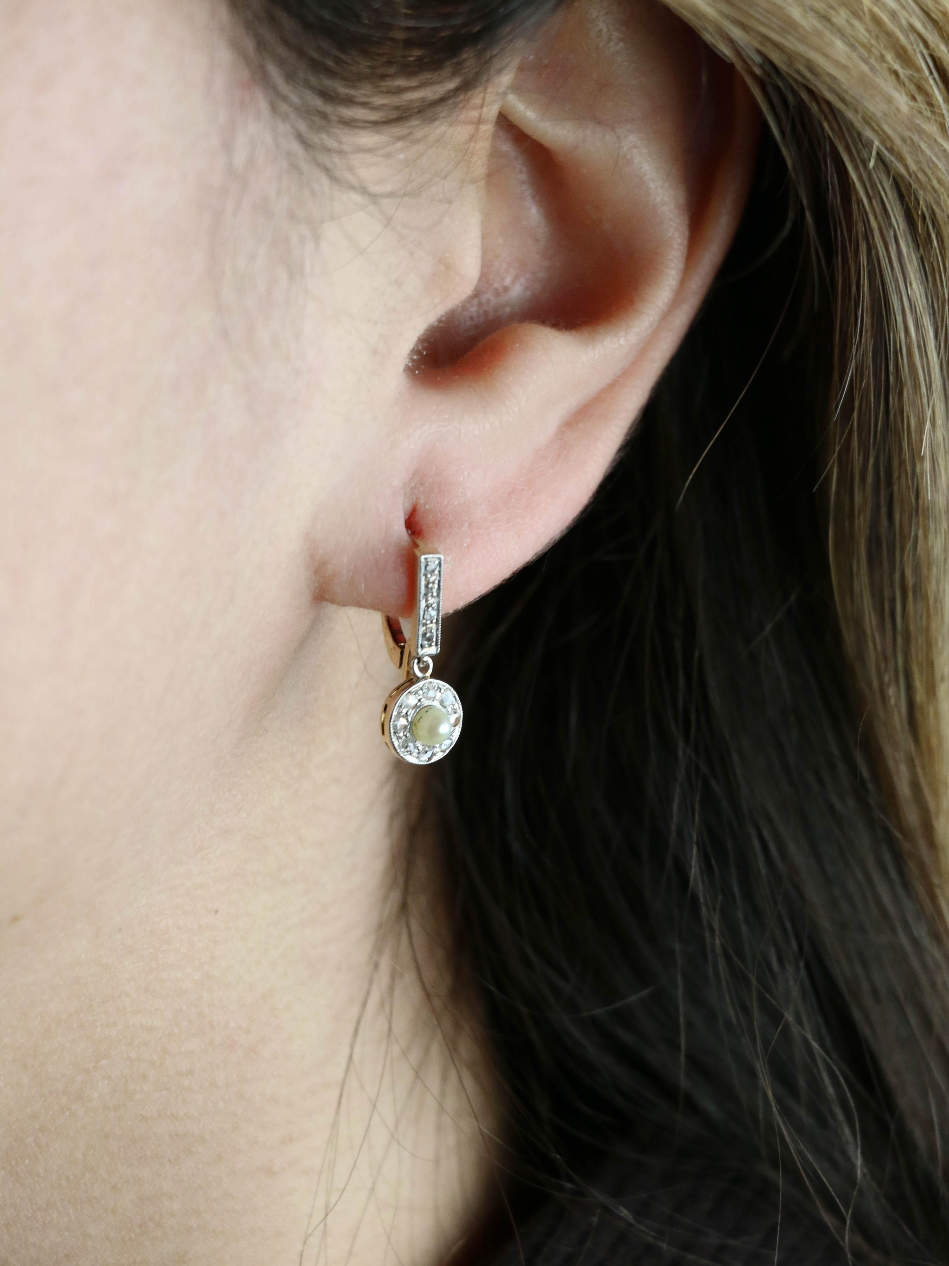 Boucles d'oreilles dormeuses anciennes diamants perles
