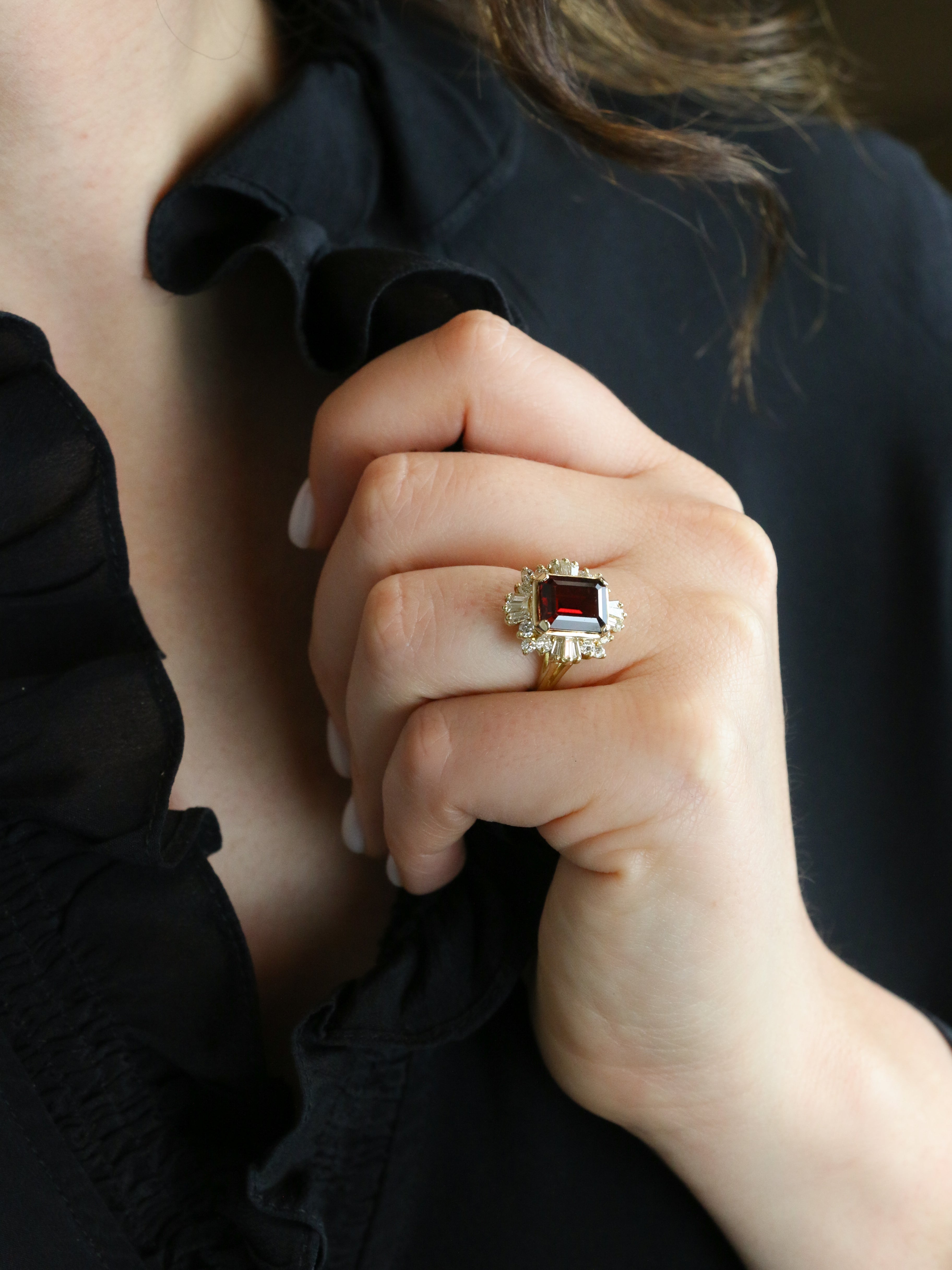 Vintage garnet and baguette diamond ballerina ring
