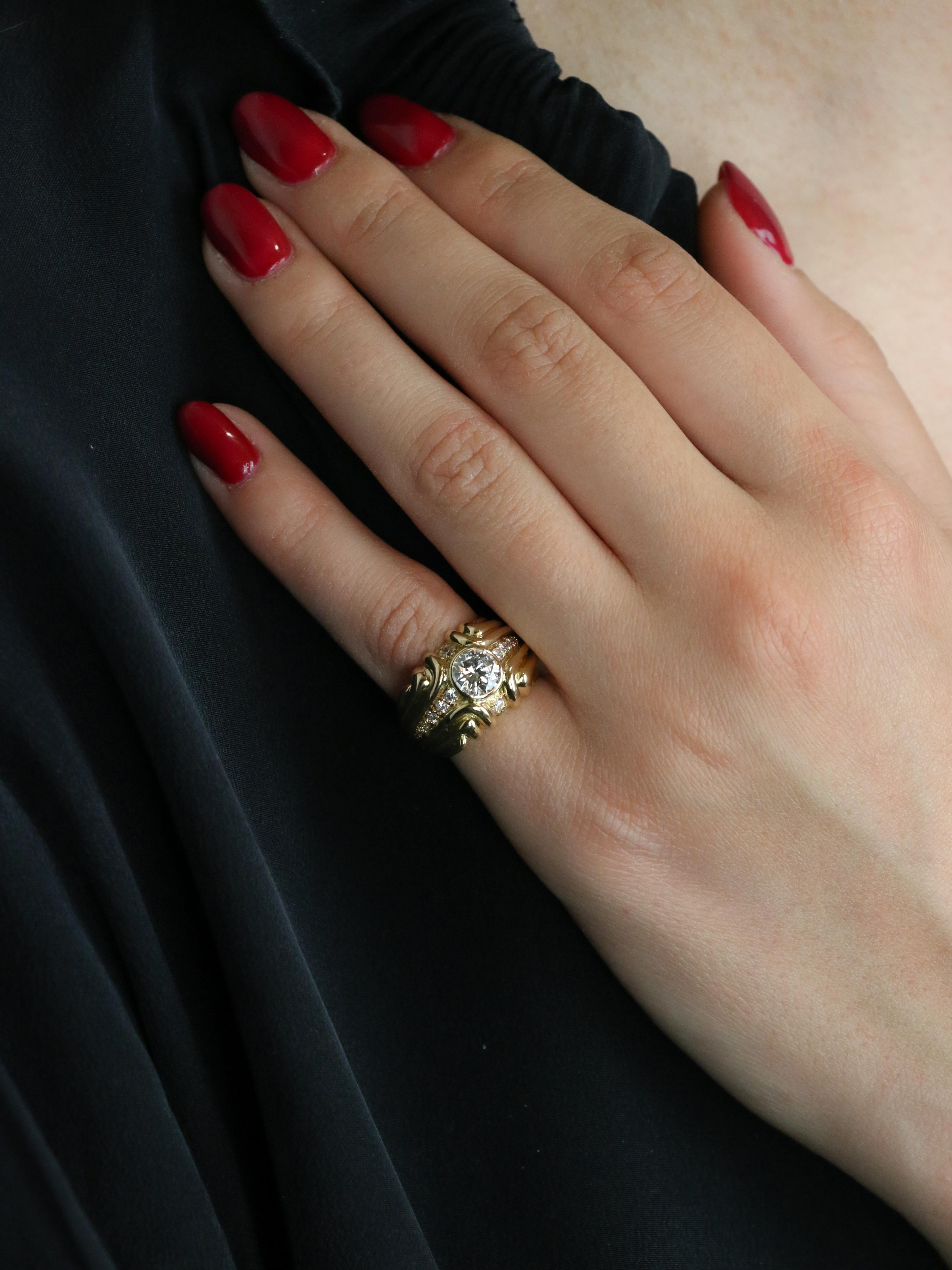 Bague vintage godrons or jaune diamant 0.8 ct