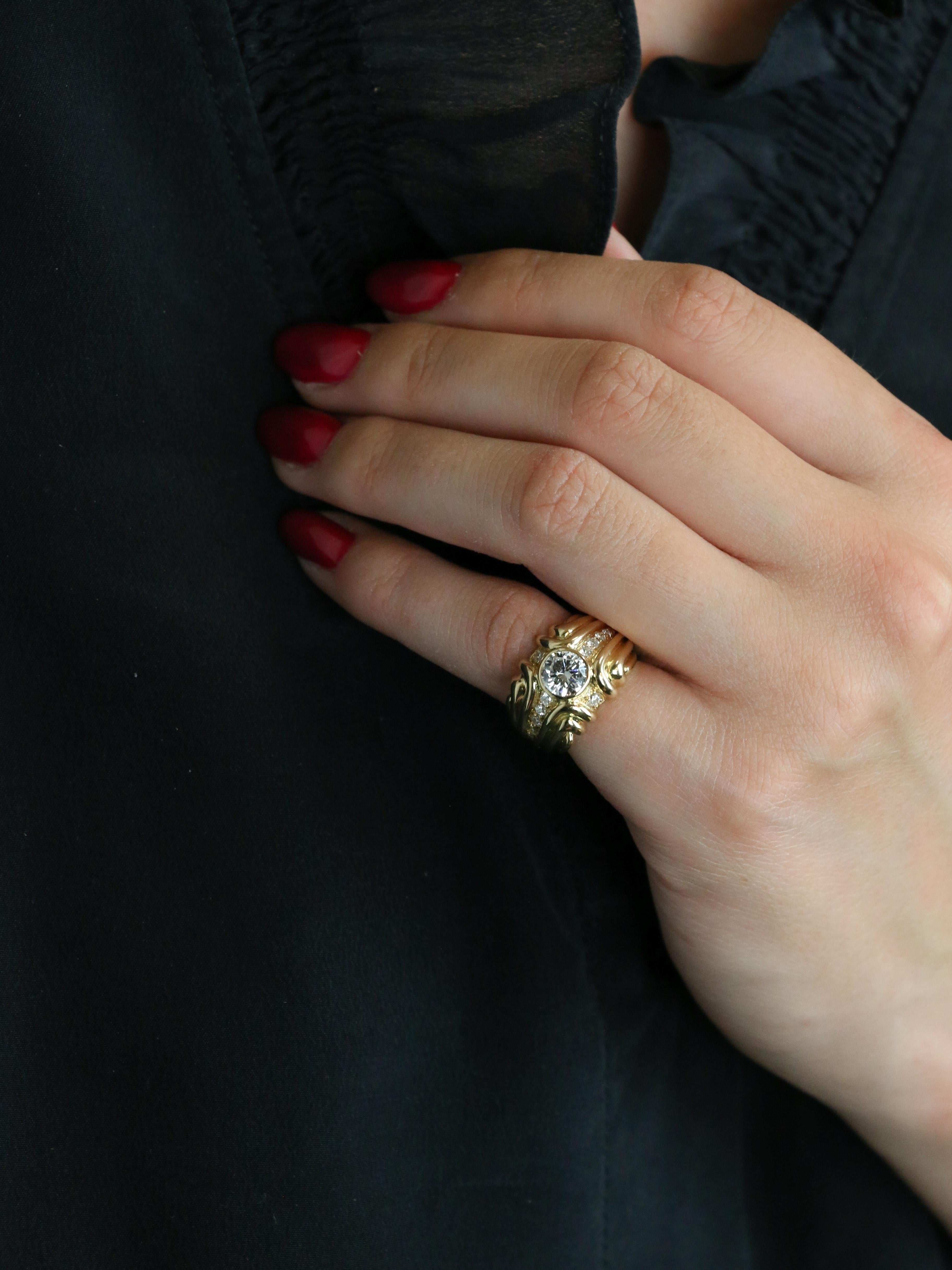 Bague vintage godrons or jaune diamant 0.8 ct