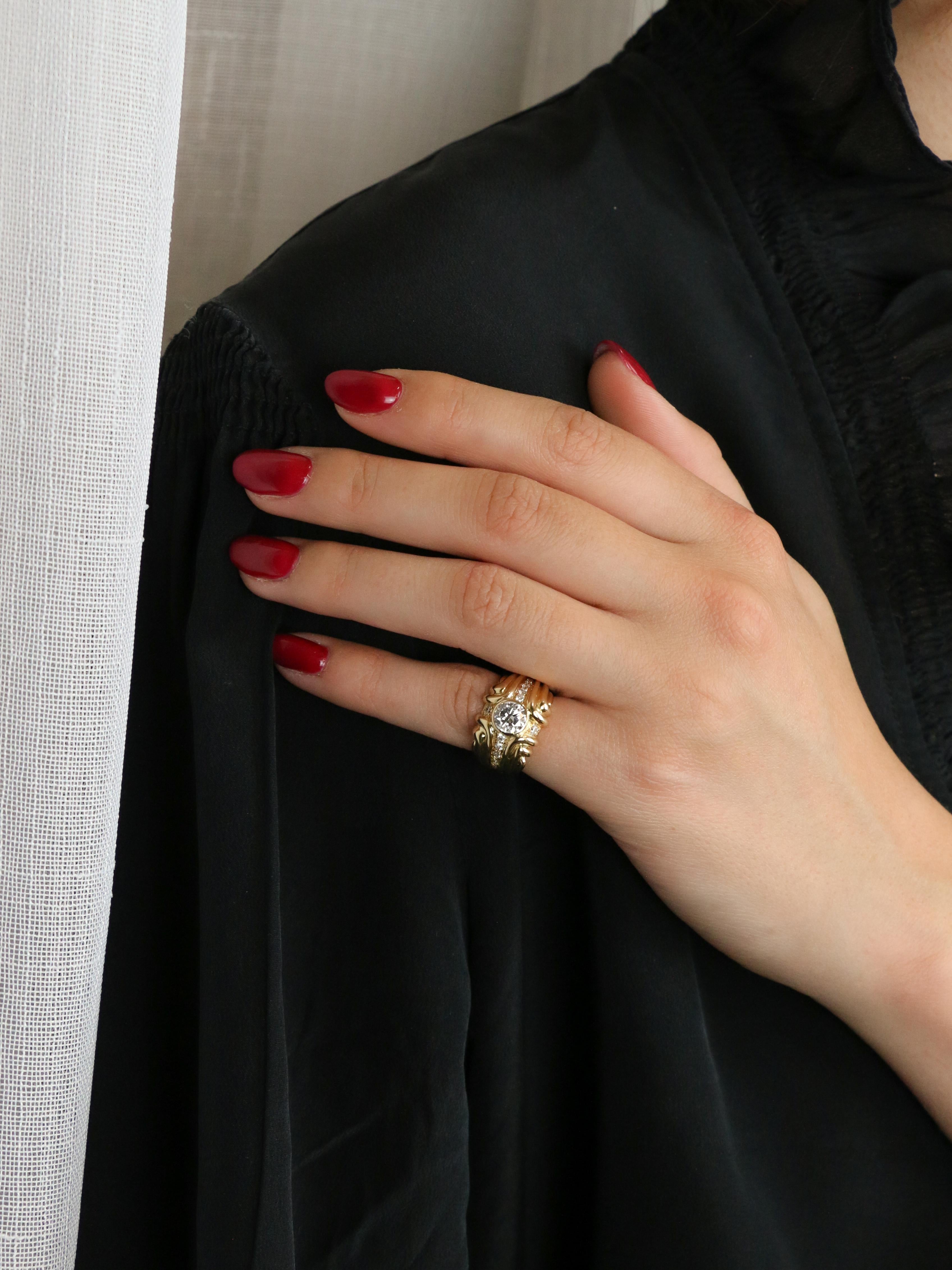 Bague vintage godrons or jaune diamant 0.8 ct