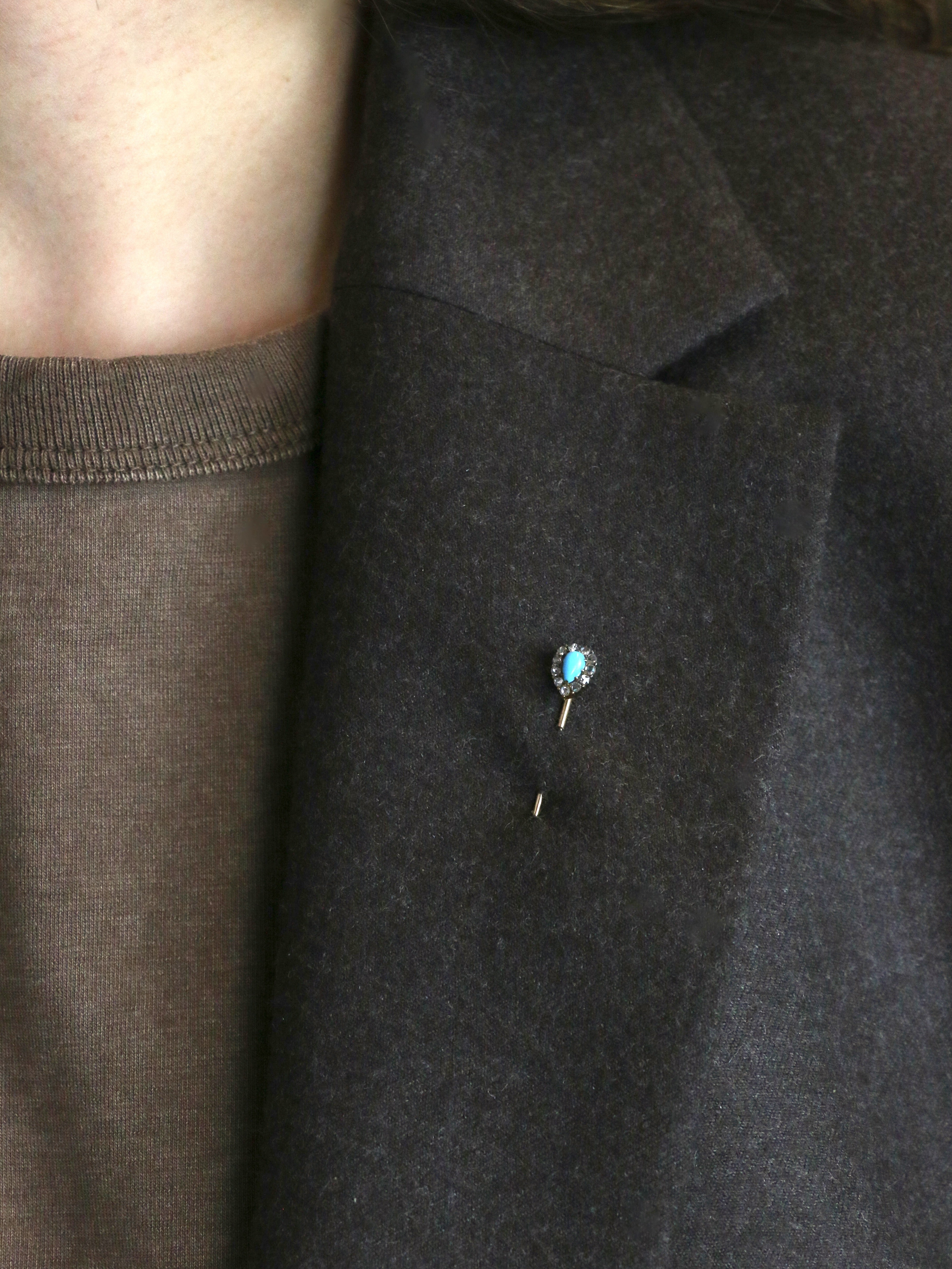 Epingle ancienne or jaune turquoise diamants