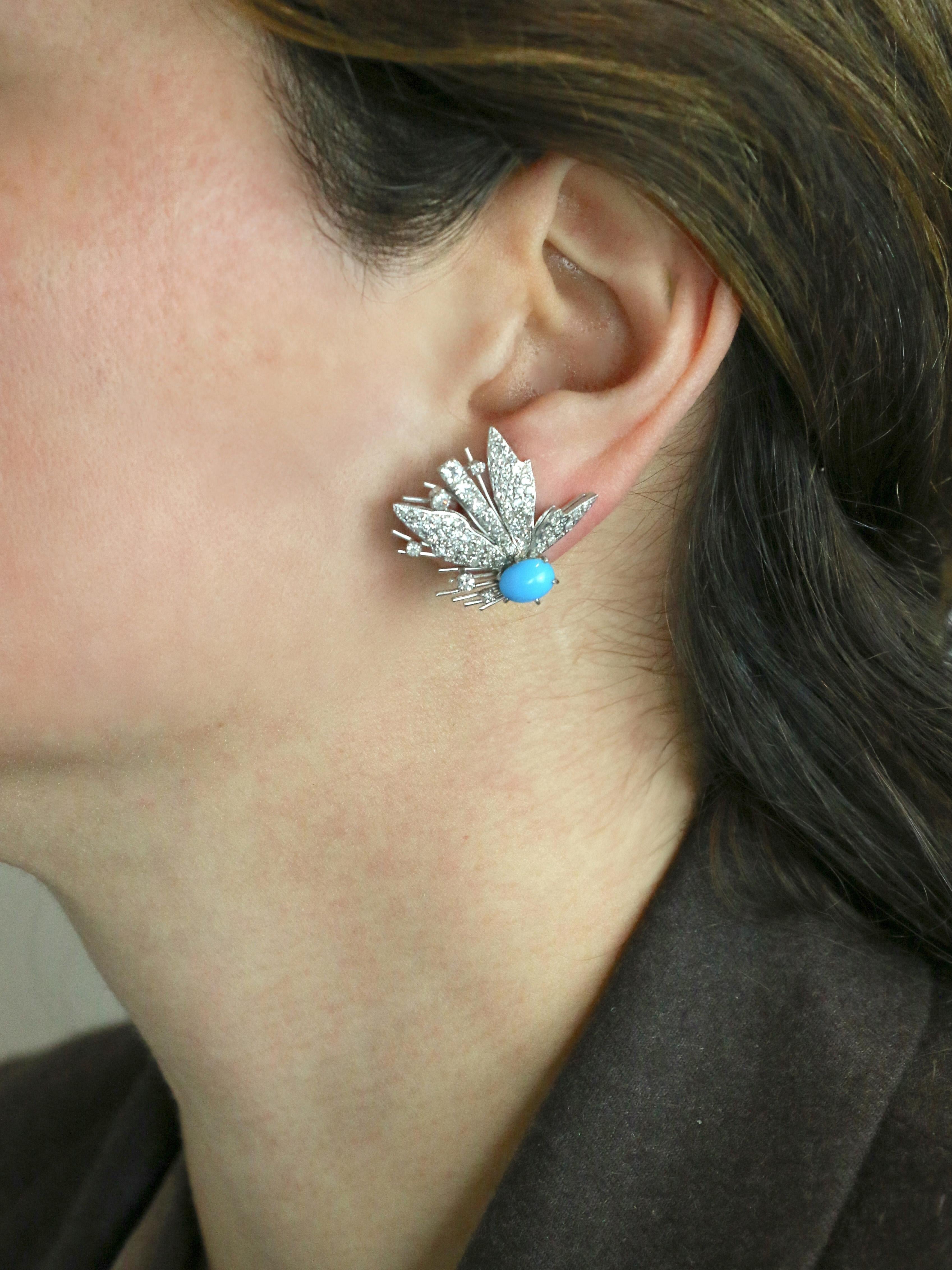 Boucles d'oreilles pendantes turquoises diamants