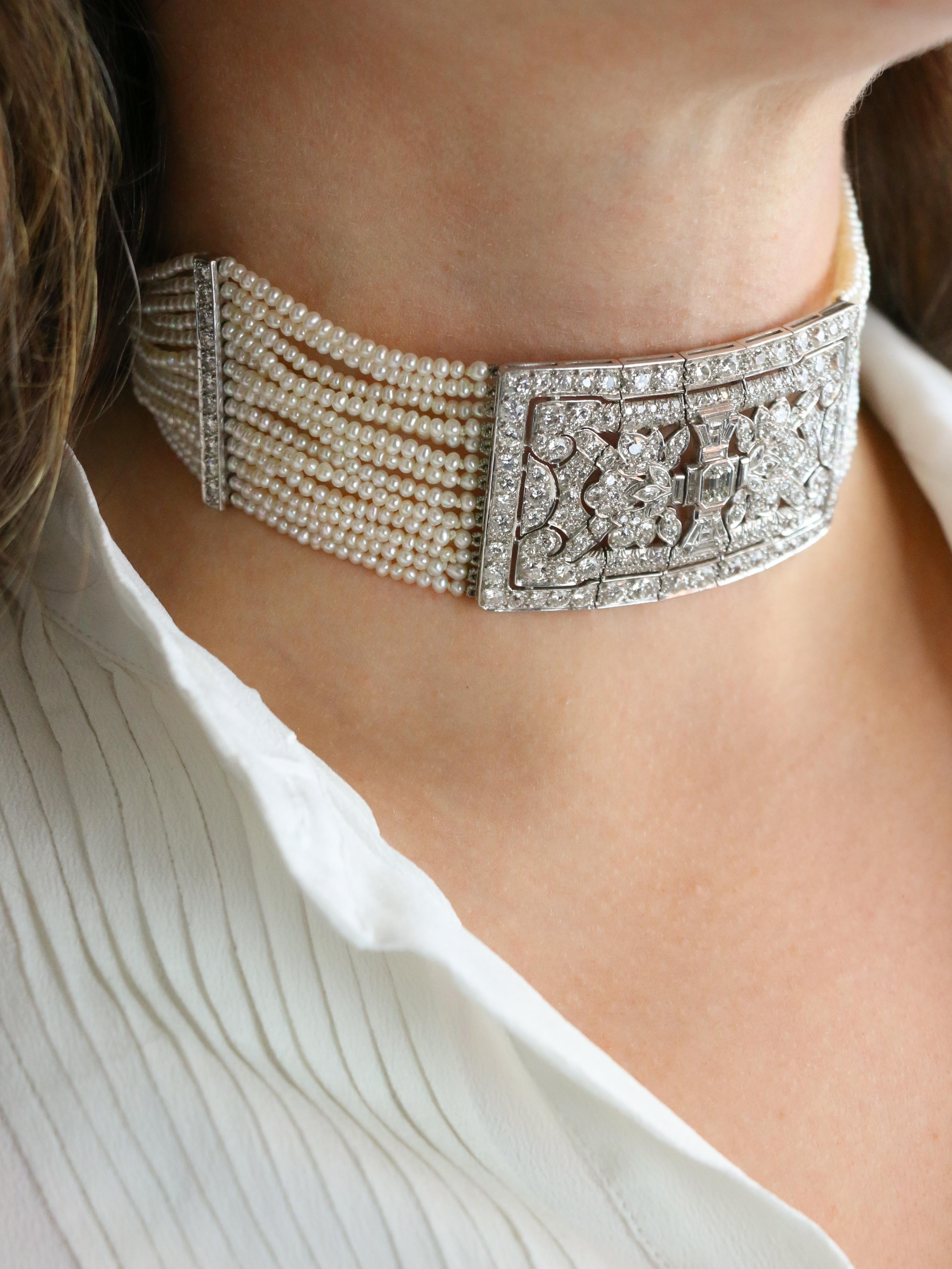 Collier Art Déco diamants perles fines platine