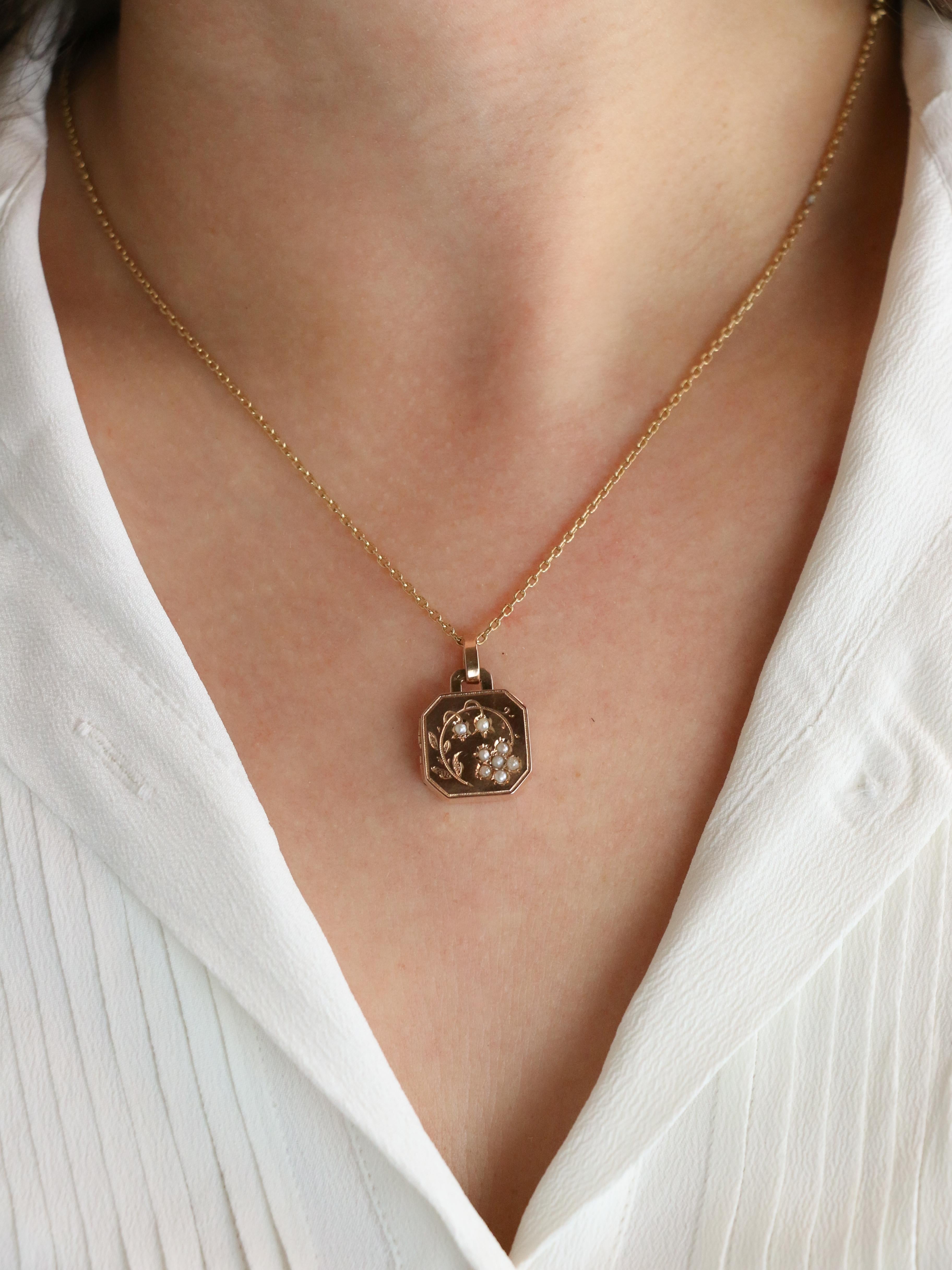 Pendentif Art Nouveau porte photo or rose perles fines