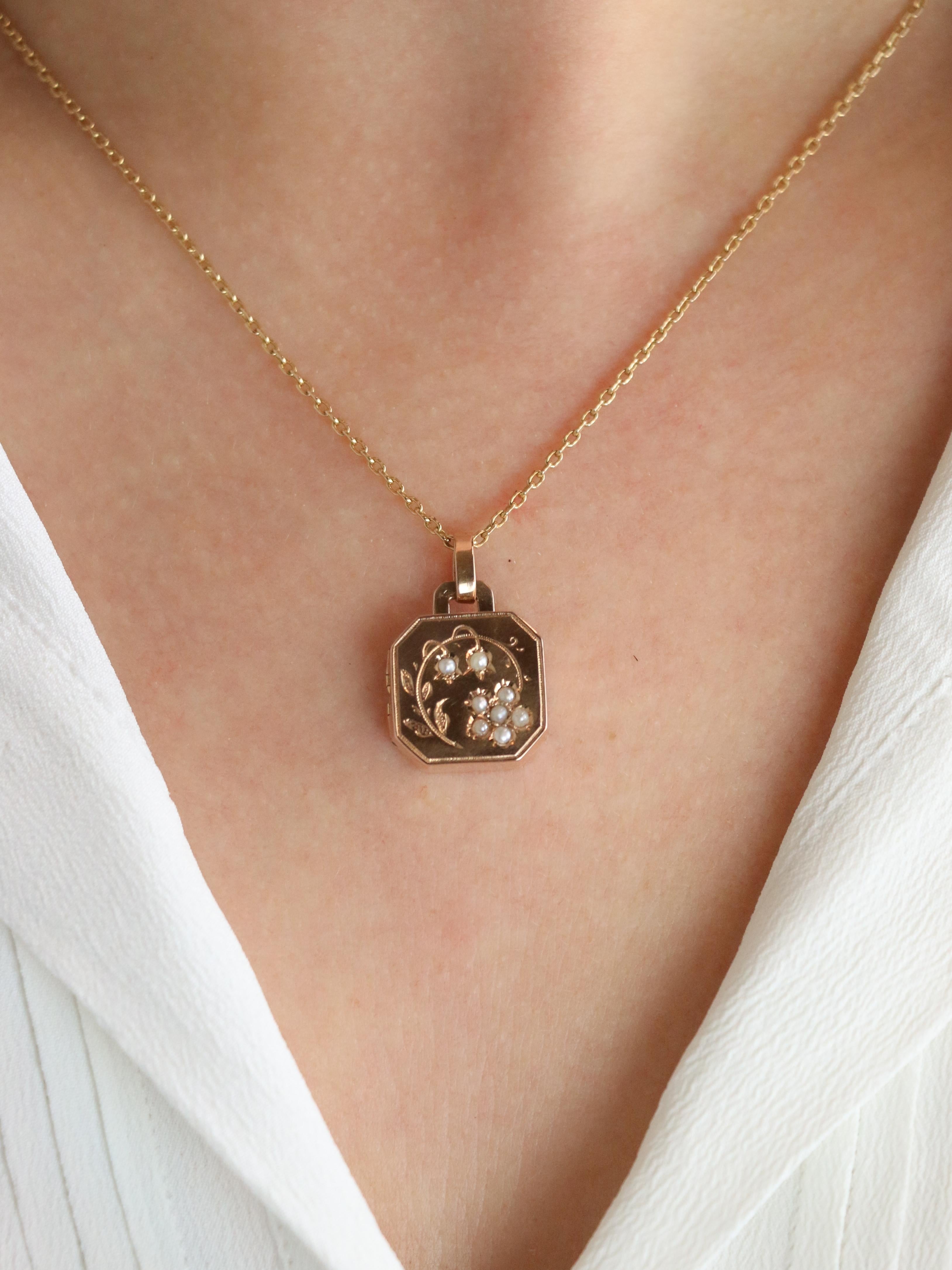 Pendentif Art Nouveau porte photo or rose perles fines