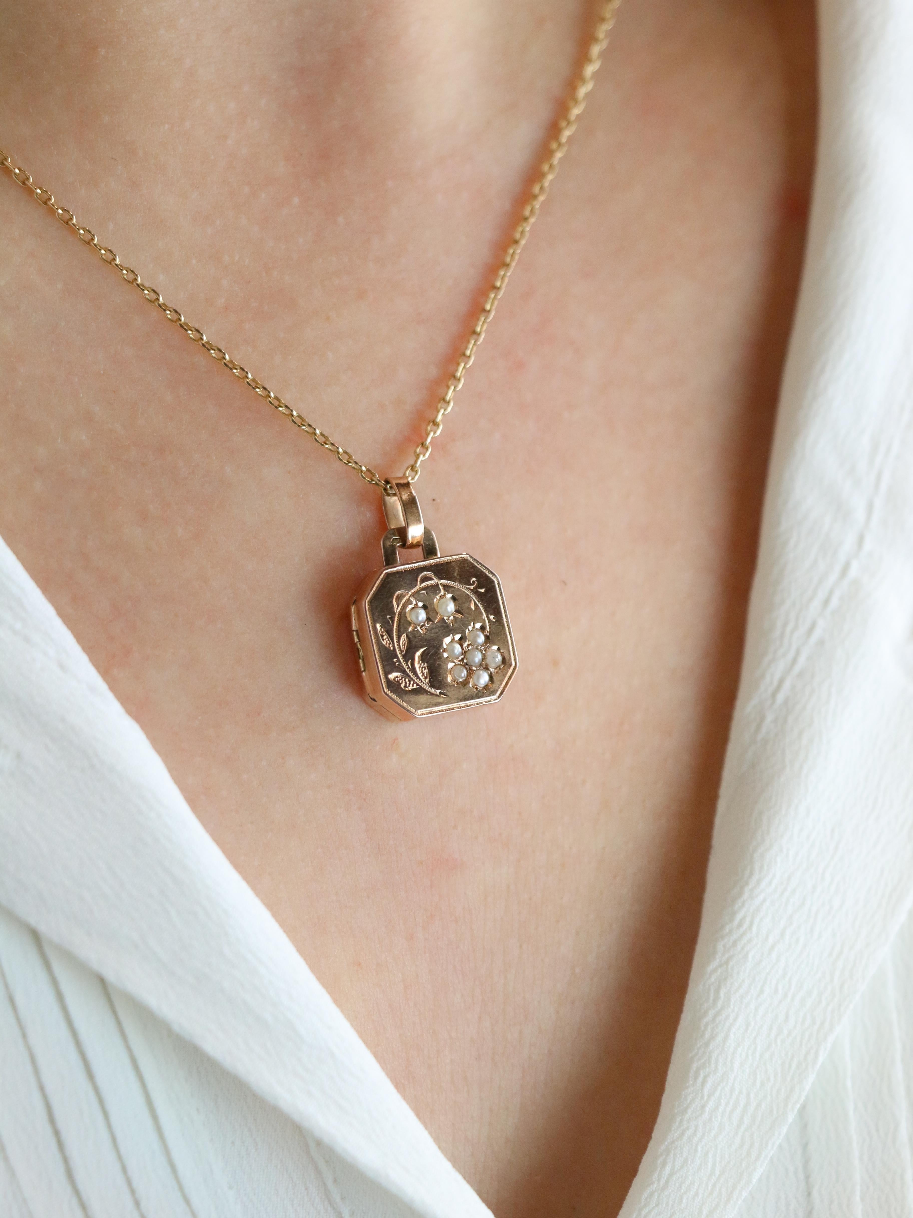 Pendentif Art Nouveau porte photo or rose perles fines