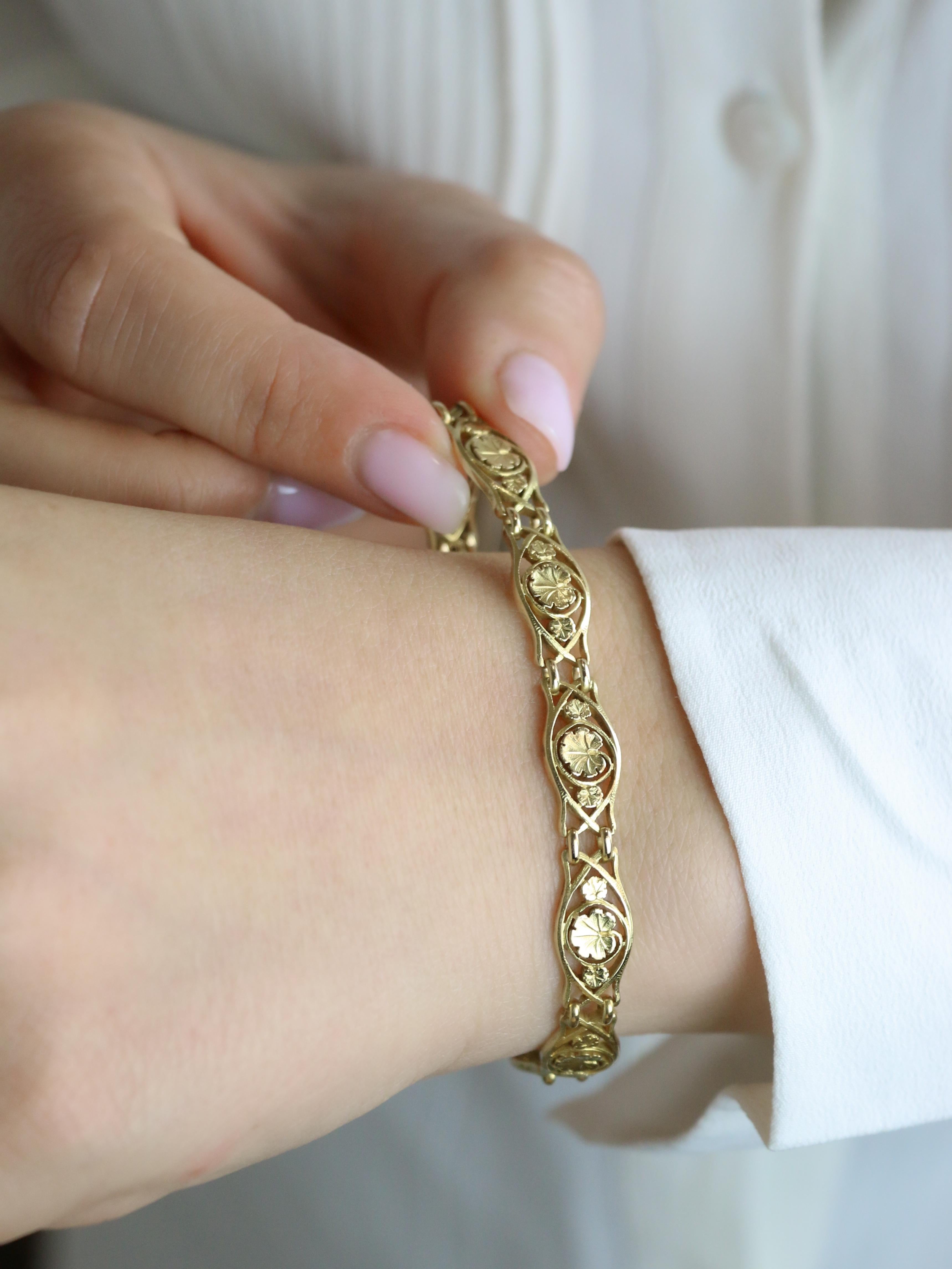 Bracelet Art Nouveau or jaune maille feuille de lierre
