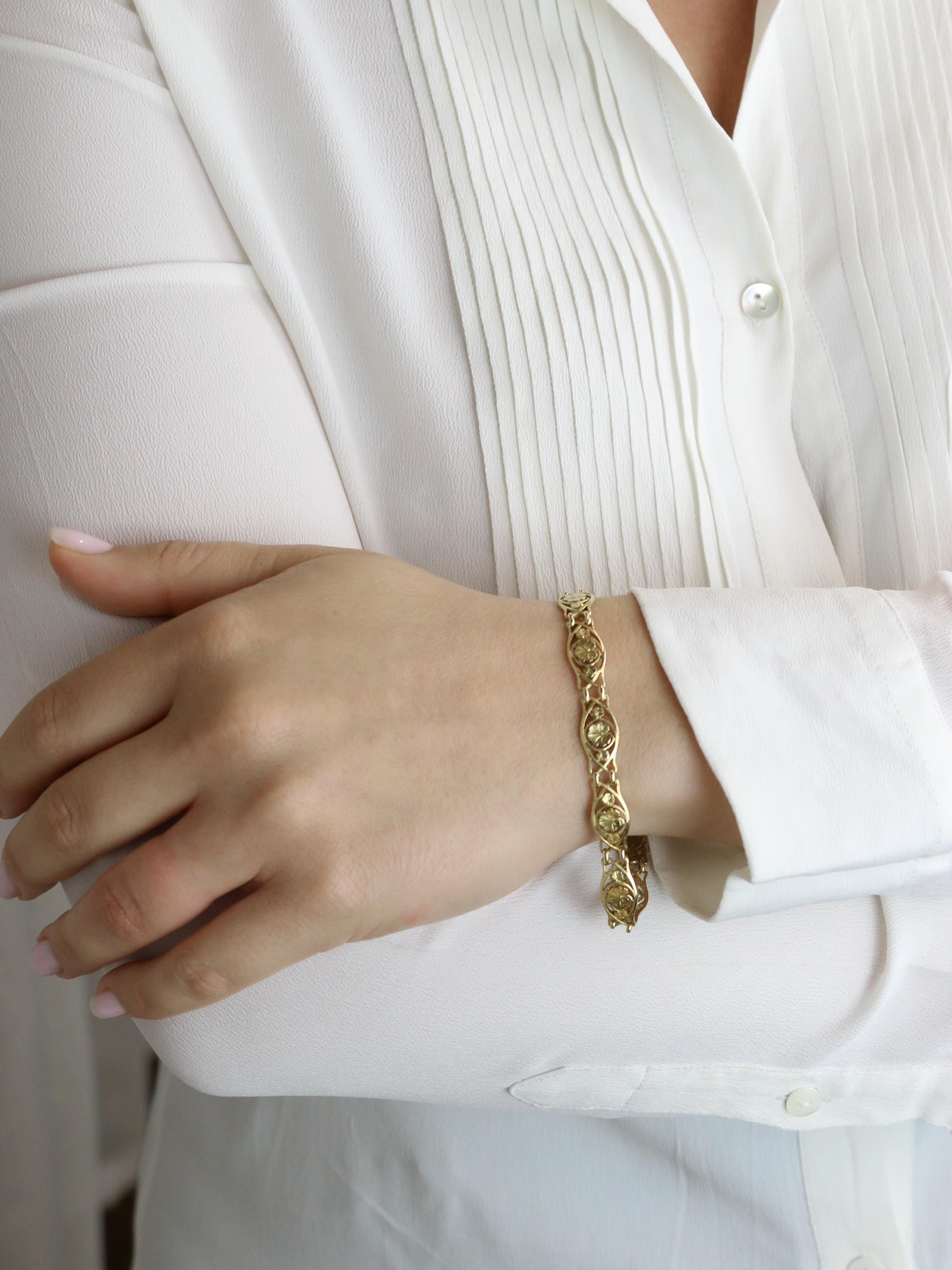 Bracelet Art Nouveau or jaune maille feuille de lierre