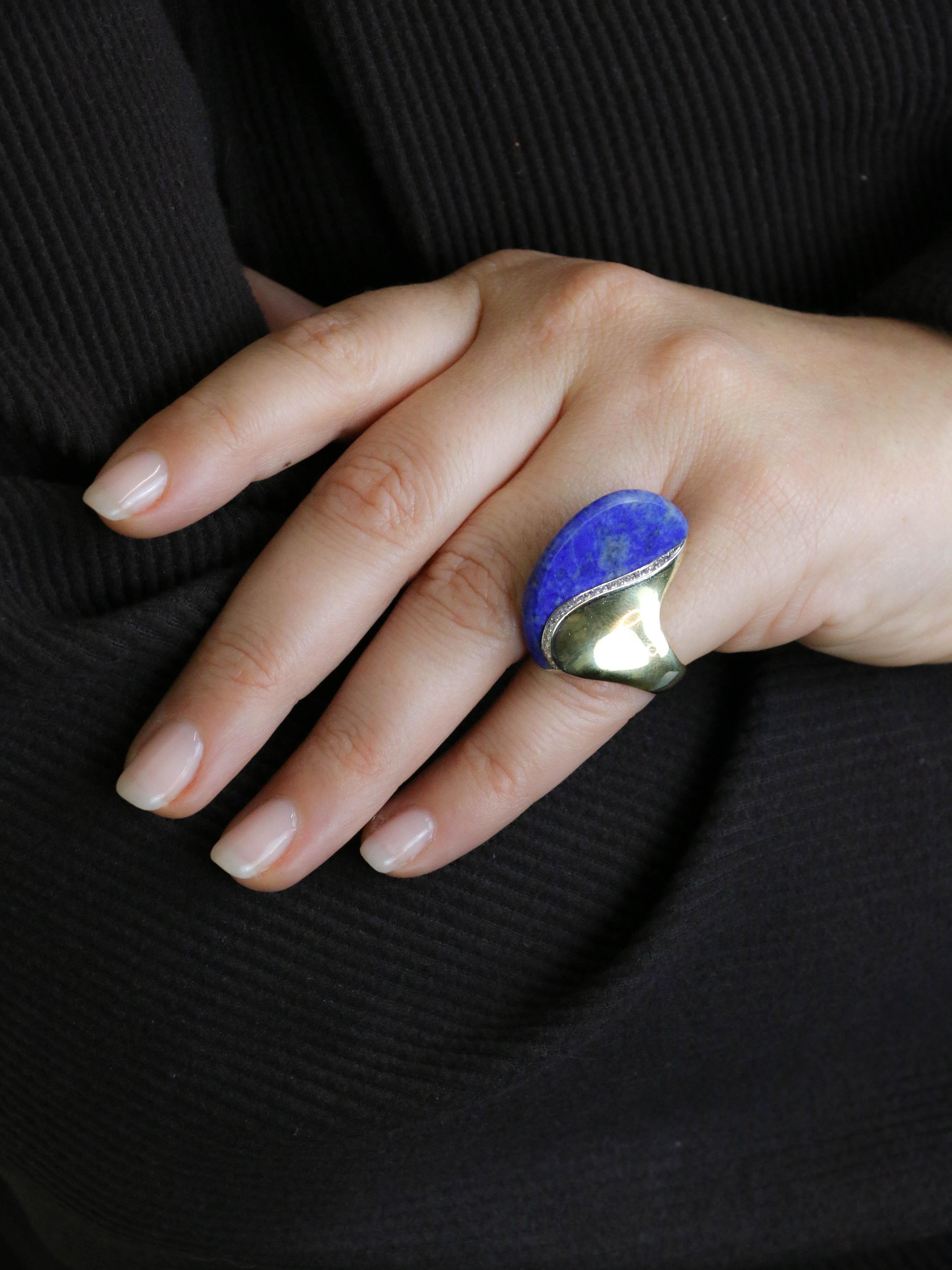 Bague cocktail or jaune lapis lazuli diamants