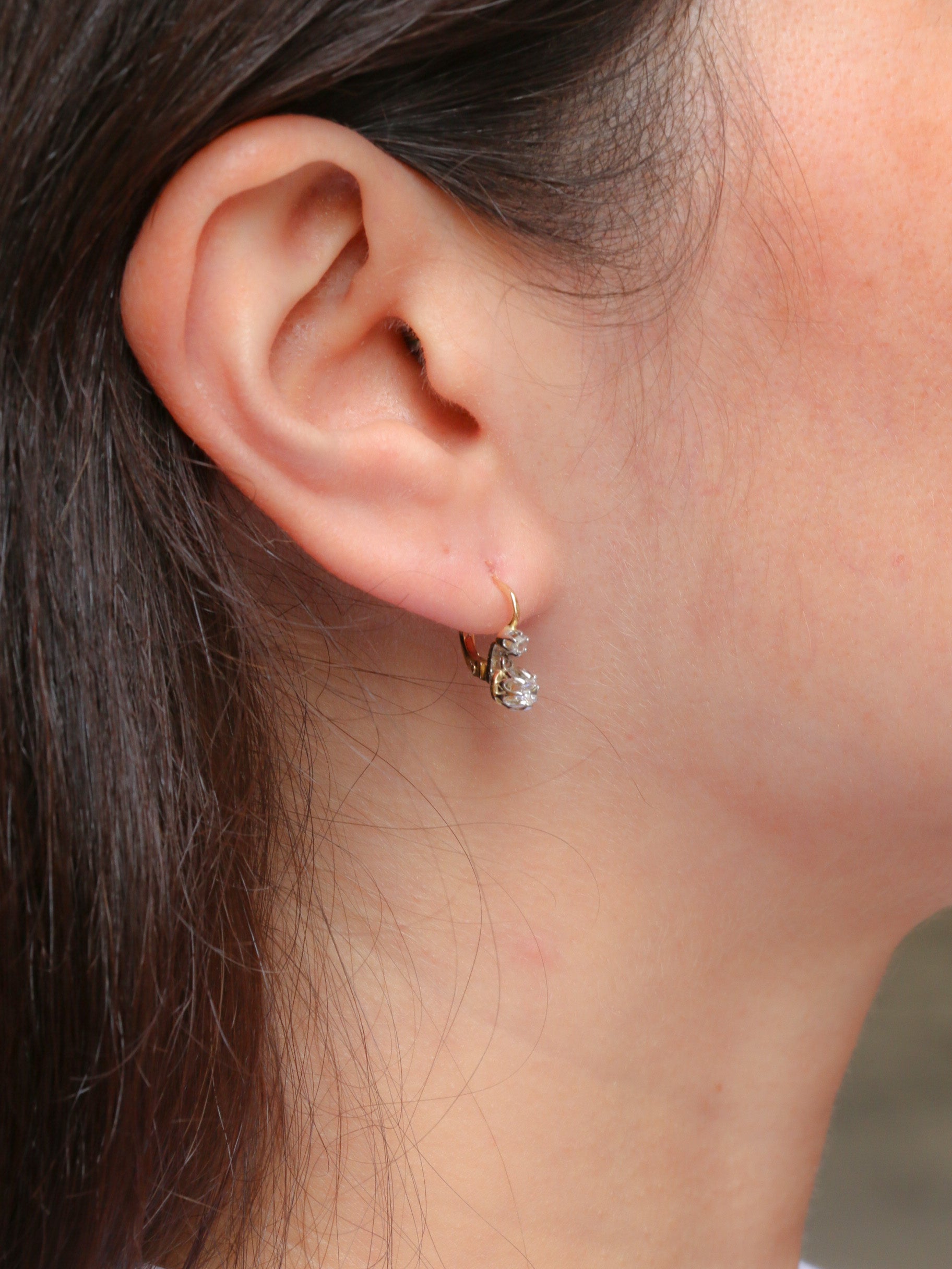 Antique sleeper earrings in gold, silver and old cut diamonds