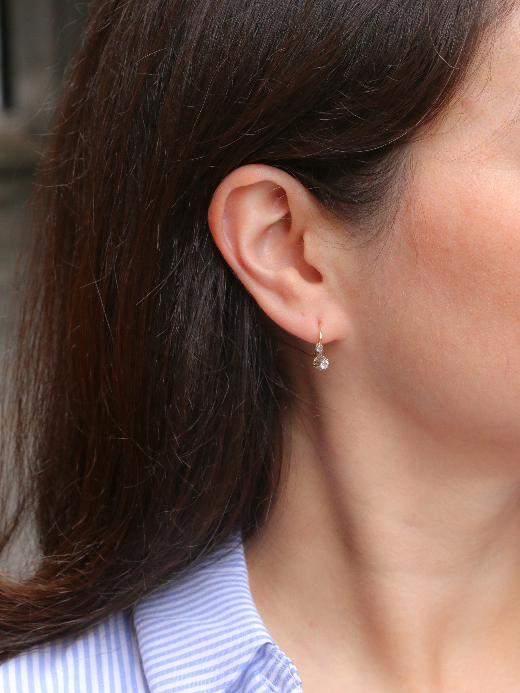 Antique sleeper earrings in gold, silver and old cut diamonds