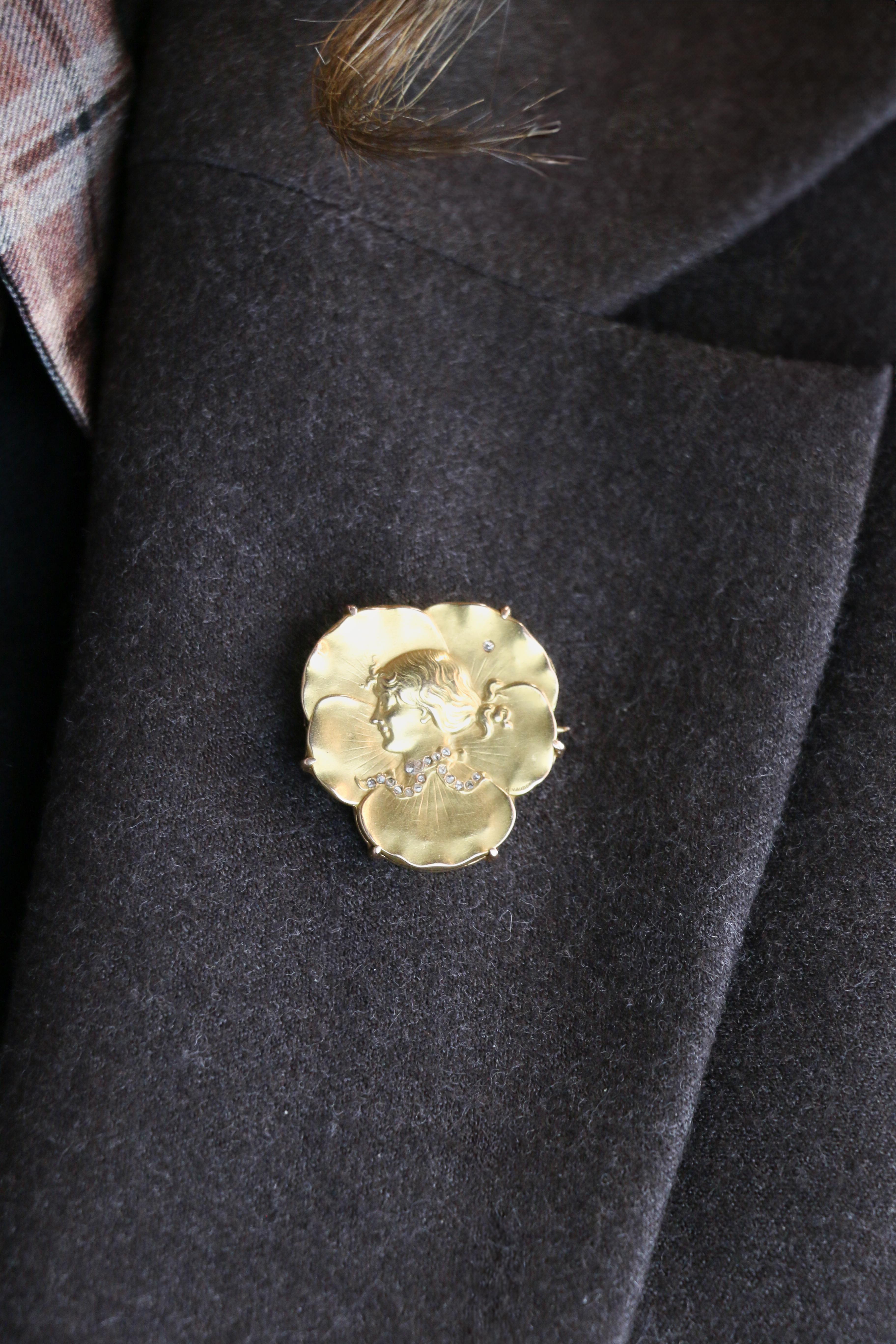 Auguste VAUDET - Broche Art Nouveau femme or jaune diamants