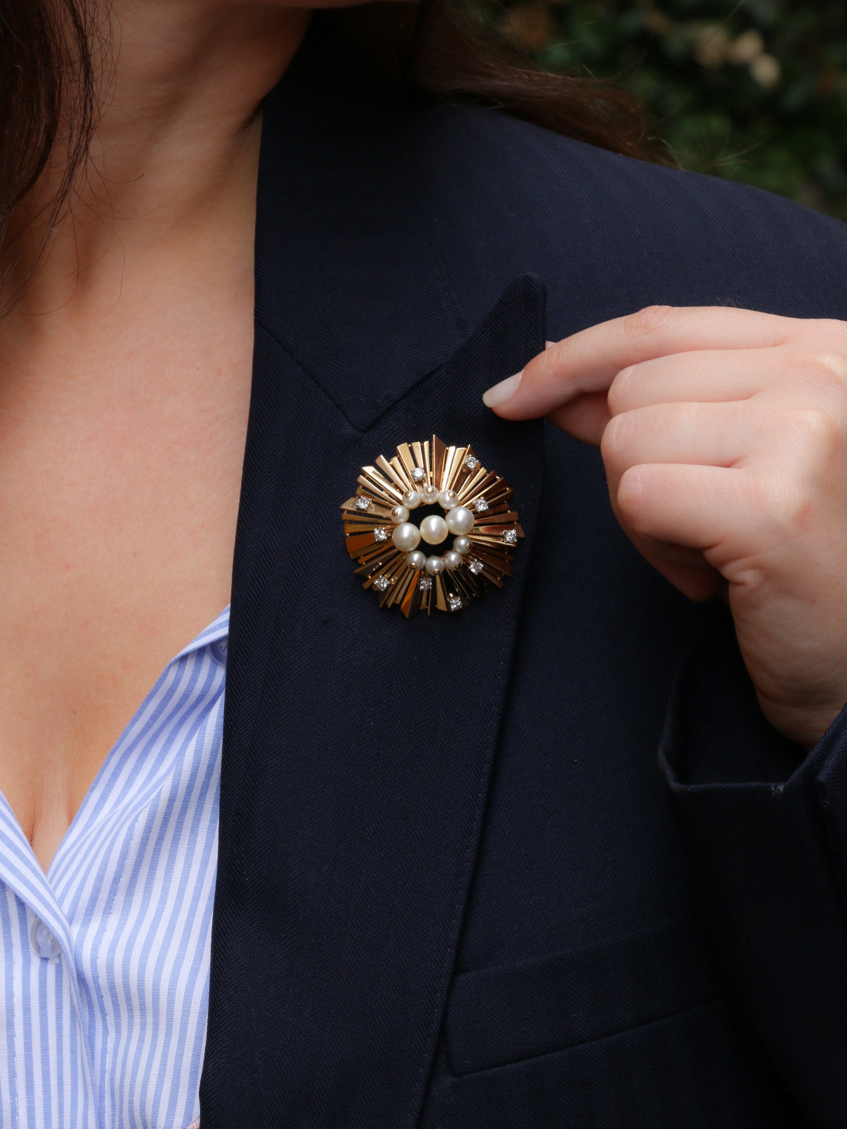 CARTIER Broche vintage soleil or platine perles diamants