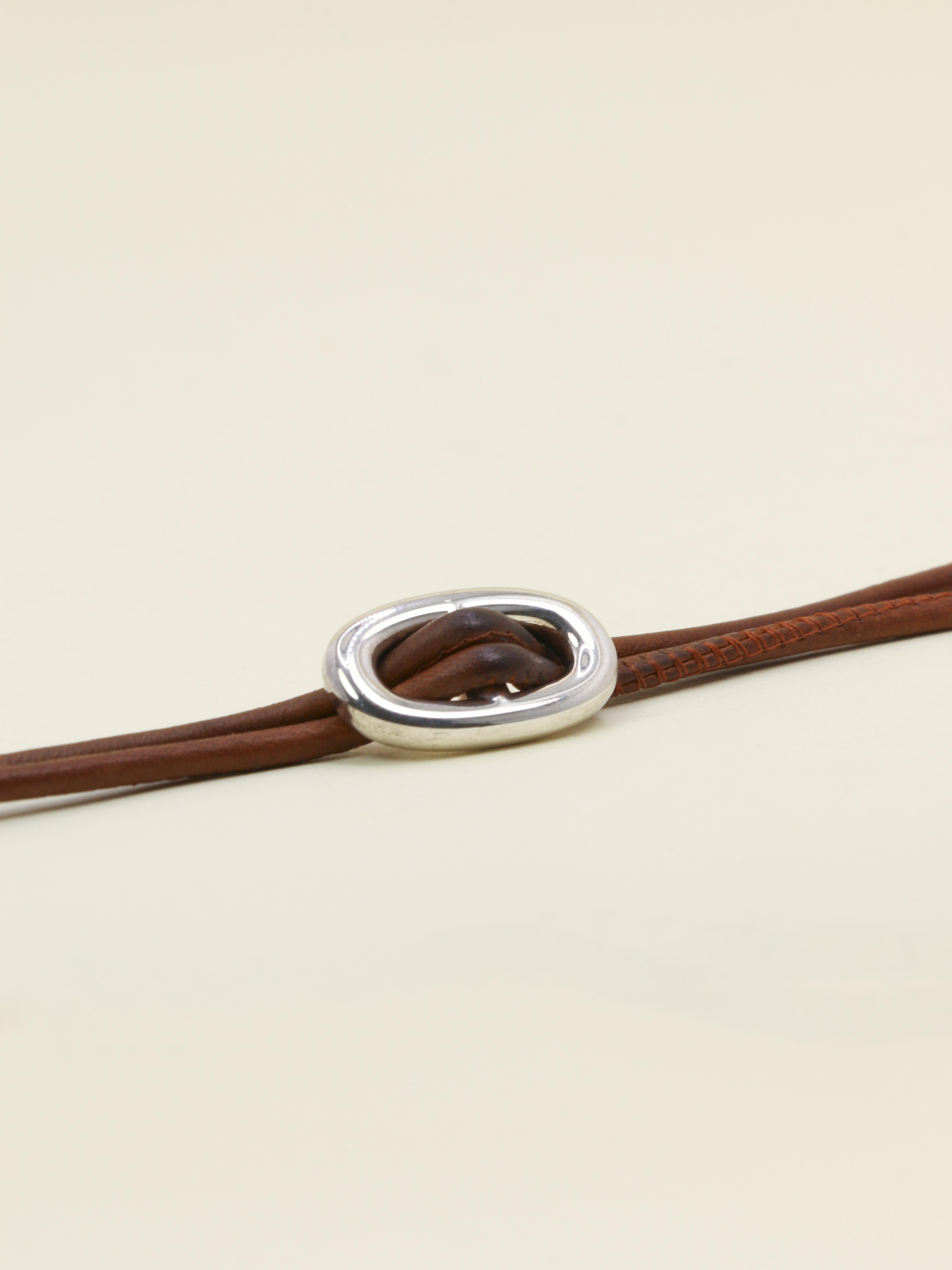 HERMES Collier GLENAN argent cuir marron