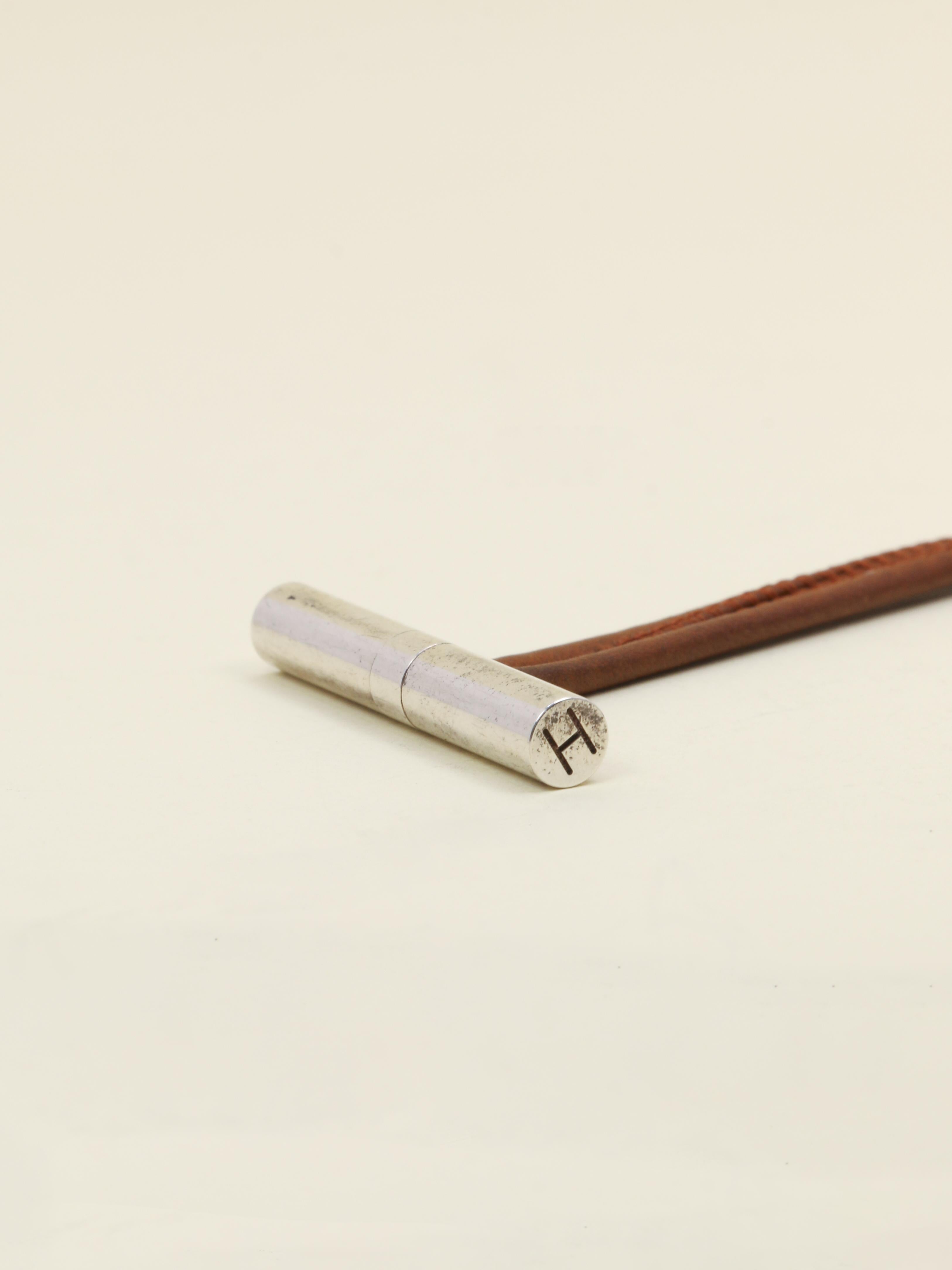 HERMES Collier GLENAN argent cuir marron